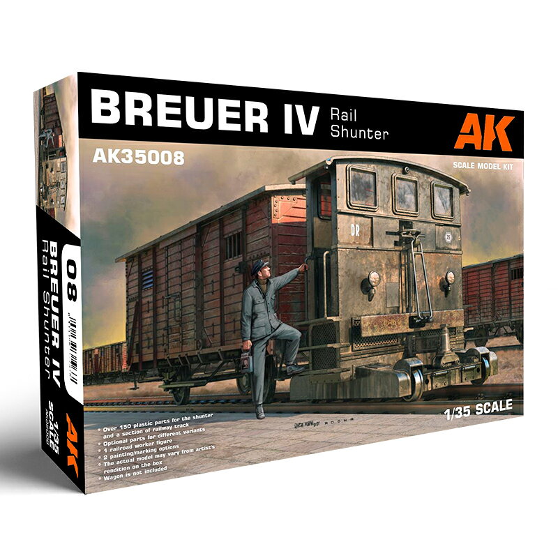●特徴ある姿がモデルでも魅力の機関車
ドイツ帝国鉄道が1920年代から第二次世界大戦中に運用していた入換機関車、ブロイアーIV型を再現した1/35スケールのプラスチックモデル組み立てキットです。

実車について
鉄道の操作場などで貨車を入れ換えるために主に使用され、活躍したのがブロイアー機関車です。
IV型はホイールベース2810mmの2軸車両で、わずか890mmという極端に薄い運転席を持つ逆T字形の車体にエンジンを搭載。
動力を持たない貨車などを連結することでその貨車を動力付きの車両へと変身させ、運用するものでした。
エンジン出力の改善などでいくつかのタイプが生産され、世界各国に輸出されました。
また、デンマークやフィンランドなど、世界各国の多くのメーカーによってライセンス生産も行われました。

モデルについて
第二次世界大戦中、ドイツが運用したブロイアー社製の入換機関車を1/35スケールで再現したプラスチックモデル組み立てキットです。
パーツ点数は150点以上。そのスタイルだけでなく、メカニズムも新金型で詳細にモデル化しています。
クローズドキャブを装備したタイプIVを再現。
外観はデザインはもちろんボルトやヒンジ、ヘッドライトなどのディテールもしっかりと表現。
運転席室内への扉は開閉を選択して組み立て可能です。
加えて室内は操作レバーなどのディテール、フロアのトレッドパターンなども再現。
キャブの前後に取り付けられたウインドウも開閉を選択可能。
表情の違いを選んで組み立てていただけます。
さらに第二次大戦中の仕様と戦後仕様を選んで組み立てられるオプションパーツも用意されています。
展示用の線路パーツもセット。
枕木や線路のディテールも見逃せません。
また、線路は直線にもカーブした状態にも選んで組み立てられます。
情景ベースを作って飾るのも良いでしょう。
さらにドイツ国鉄職員のフィギュア1体もセット。
別売りの戦車運搬用平台貨車や有蓋貨車、レールセット（AK35010、AK35011）などと組み合わせて楽しむことができます。

●1/35スケールでドイツのブロイアー入換機関車を再現
●特徴あるスタイルをボルト類のディテールまで詳細にモデル化
●パーツ点数は150点以上
●大戦中と戦後仕様を選んで作れるオプションパーツを用意
●鉄道マンのフィギュア1体と車両展示用の線路（全長190mm）もセット【対象年齢】：