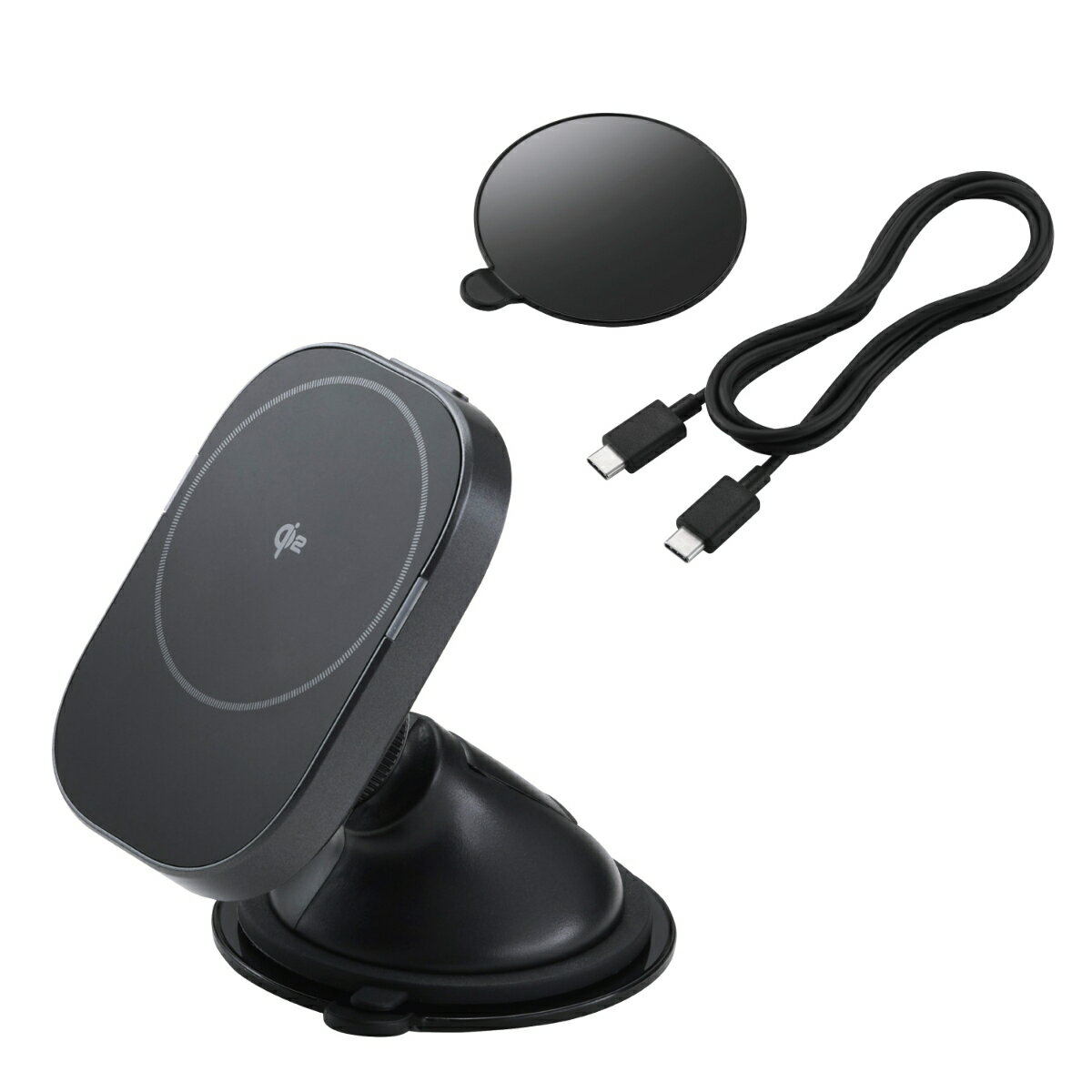 Qi2規格対応ワイヤレス充電器/車載ホルダー/マグネット吸着/15W/ゲル吸盤/ブラック