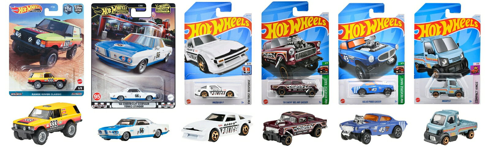 ＜セット内容＞
ホットウィール（Hot Wheels）カーカルチャー オフ・ロード - レンジ ローバー クラシック 【3才~】 HKC71
ホットウィール（Hot Wheels）ブールバード ’66 シボレー コルヴェア イエンコ スティンガー【ミニカー】 【3才~】 HRT69
ホットウィール（Hot Wheels）ベーシックカー マツダ RX-7【ミニカー】 【3才~】 HXP90
ホットウィール（Hot Wheels）ベーシックカー '55 シェビー ベルエア ギャッサー 乗り物おもちゃ ミニカー 3歳から レッド HXR01
ホットウィール（Hot Wheels）ベーシックカー ボルボ P1800 ギャッサー 乗り物おもちゃ ミニカー 3歳から ブルー HXR06
ホットウィール（Hot Wheels）ベーシックカー マイティ K 【3才~】 HXP79


ーーーーーーーーーーーーーーーーーーーー
◆◇ホットウィール（Hot Wheels） カーカルチャー オフ・ロード - レンジ ローバー クラシック 【3才~】 HKC71◇◆

【内容】砂漠のロールスロイスなどとも称される、英国のランドローバー社のフラッグシップモデルのレンジローバー。堅牢な梯子型フレームに快適性を重んじたステーションワゴンボディを架装した、今日で言うSUVの原点でもある。
本格的な4輪駆動システムを備えており、過酷なクロカンイベントであるキャメルトロフィー、世界一過酷なパリ・ダカール・ラリーなどでその信頼性を実証。ホットウィールではサイドウィンドウもカバー覆うなど、ラリー用競技車両をイメージしたカスタムが施された仕様を表現している。
【原産国】タイ　【対象年齢】3才〜


◆◇ホットウィール(Hot Wheels) ブールバード ’66 シボレー コルヴェア イエンコ スティンガー【ミニカー】 【3才~】 HRT69◇◆

【内容】1960年代初頭、アメリカのビッグスリーはこぞって小型車（サブコンパクトカー）を発表。
その先陣を切ったのがGMのシボレーブランドから発売されたコルヴェアだった。空冷水平対向6気筒を車体後部に積むなど、アメリカ車としては異色かつ前衛的なモデルとなっている。イエンコ・スティンガーはレース活動にも熱心だったシボレー車のディーラー、『イエンコ』がプロデュースしたチューンド・コルベアで、エンジンの出力アップや足回りのヘビーデューティ化が図られている。
生産台数110数台あまりのレア車だ。
【原産国】タイ 【対象年齢】3歳〜


◆◇ホットウィール(Hot Wheels) ベーシックカー マツダ RX-7【ミニカー】 【3才~】 HXP90◇◆

【内容】マツダのロータリーエンジン（RE）専用車として、1971年に登場したサバンナ。サバンナ自体はセダンや2ドアハードトップ、ステーションワゴンなどのボディスタイルを有したが、その後継モデルとして1978年に発売されたサバンナRX-7は2ドアのスポーツカーへと一本化された。
ホットウィールがモチーフとしたのは1978年に登場した初代RX-7のレースカーで、太いタイヤを履くためのオーバーフェンダーの他、巨大なフロントスポイラーやリアウィングを備えているのが特徴だ。
【原産国】マレーシア【対象年齢】3才〜


◆◇ホットウィール(Hot Wheels)　ベーシックカー '55 シェビー ベルエア ギャッサー 乗り物おもちゃ ミニカー 3歳から レッド HXR01◇◆

【内訳】かつてアメリカ車が毎年のようにモデルチェンジをしていた時代に発売された車で、特に人気が高いのが1955〜1957年に製造されたシボレー。この“トライシェビー（3年間3種のシボレーの意味）”という愛称で親しまれている三か年モデルのうち、今回ホットウィールがモチーフにしたのはその最初の1955年型、速く走るために改造されたクルマである。
商品名にあるギャッサーは、1950〜1960年代前半のドラッグレース（1/4マイルをいかに速く走るかを競う）で人気のあったスタイルで、エンジンのパワーを後輪がしっかり受け止めて加速できるように、フロントの車高がカチ上げられているのが特徴。
【原産国】マレーシア　【対象年齢】3歳〜


◆◇ホットウィール(Hot Wheels) ベーシックカー ボルボ P1800 ギャッサー 乗り物おもちゃ ミニカー 3歳から ブルー HXR06◇◆

【内容】2018年に始まった実車のカスタムカーコンテスト、ホットウィール・レジェンドツアー。その優勝車は後にホットウィール化されるという栄誉が与えられるが、このボルボP1800ギャッサーは2021年のレジェンドツアーで優勝した、英国のリー・ジョンストン氏が製作した1台。
ベースとなったのは1960年から1974年まで生産された、スウェーデンはボルボのスペシャリティカー、P1800。P1800はイタリアの著名な自動車デザイン会社、フルアが手掛けたスタイリッシュなボディが特徴。
リー・ジョンストン氏は同車を元に、アメリカで人気のドラッグレース（1/4マイルの距離をいかに速く走り抜けるかを競う）で、1960年代に高い人気を誇ったギャッサー・カテゴリーの流儀に則ってカスタムしている。
アメリカ車用の7.4リッター超のV8エンジンを600馬力程度まで改造して搭載し、その大パワーを後輪に余すことなく伝えるために、フロントの車高が高くリフトアップしているのが特徴。今回のリリースではホットウィールのオリジナルデザインで仕上げられている。
【原産国】マレーシア　【対象年齢】3歳〜


◆◇ホットウィール（Hot Wheels） ベーシックカー マイティ K 【3才~】 HXP79◇◆

【内容】排気量660cc以下の軽自動車規格のトラック、通称軽トラは古くから日本の狭い路地裏に荷物を届ける働き者として親しまれてきた。プリミティブな構造や操縦感覚から、趣味車として愛好するファンも多く、今やその人気はアメリカをはじめ海外にも飛び火しつつあり、海外のJDM（日本仕様の日本車）好きの中には軽トラックを個人輸入してカスタムする人がいるほど。
マイティ Kは彼らの愛車を彷彿とさせるHWのオリジナルデザインだが、実際に存在しそうなリアルさが魅力！
【原産国】マレーシア　【対象年齢】3才〜
【注意】ブリスターカードの裏面は日本語パッケージとなります。

ーーーーーーーーーーーーーーーーーーーー

【Brandについて】カリフォルニア生まれ 1秒間に16台売れているミニカー。
【ホットウィール】Hot Wheels＝「かっこいい車！」独特な南カルフォルニア風の外観、高速に動くホイール、（当時の最新技術！）そして 赤いラインの入ったタイヤ。現在、世界で一番売れているおもちゃです。
【プレゼントに最適】お誕生日、クリスマスプレゼント、入園・入学祝いなど記念日でのプレゼントにぴったりです。