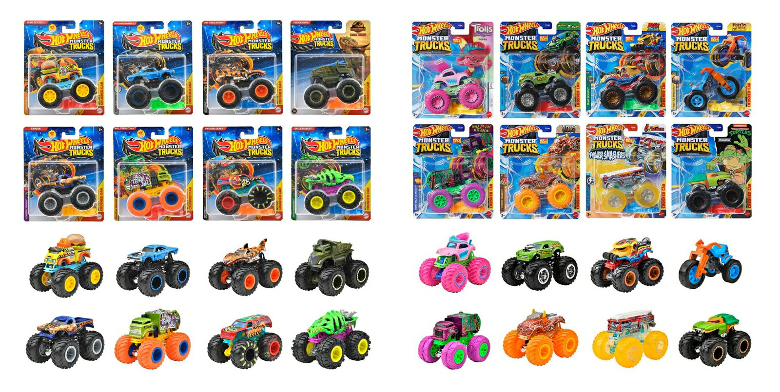 ＜セット内容＞
ホットウィール(Hot Wheels) 　モンスタートラック 1:64アソート 乗り物おもちゃ ミニカー 8台入り BOX販売 3歳から マルチ 983B-FYJ44
ホットウィール(Hot Wheels) 　モンスタートラック 1:64アソート 乗り物おもちゃ ミニカー 8台入り BOX販売 3歳から マルチ 984M-FYJ44


ーーーーーーーーーーーーーーーーーーーー

◆◇ホットウィール(Hot Wheels) 　モンスタートラック 1:64アソート 乗り物おもちゃ ミニカー 8台入り BOX販売 3歳から マルチ 983B-FYJ44◇◆

【内容】大きなタイヤが特徴の1/64のモンスタートラックの新アソートが登場！オリジナルカーから実車まで幅広いラインアップ！今回のアソートではハンバーガーとポテトが載っているトラック「バンズ・オブ・スティール」、「サムソン」や「ウィル・トラッシュ・イット・オール」が新しいデコで登場！モンスタートラックでクラッシュできる車1台付き。
【内訳】バンズ・オブ・スティール（Buns of Steel&trade;）x1、サムソン（Samson）x1、1970 ダッジ・チャージャー R/T（1970 Dodge Charger R/T）x1、ウィル・トラッシュ・イット・オール（Will Trash It All&trade;）x1、タイガー・シャーク（HW Tiger Shark&trade;）x1、デモ・ダービー（HW Demo Derby&trade;）x1、トリケラトプス（Triceratops）x1、スケルサウルス（Skelesaurus&trade;）x1、合計8点 
【原産国】タイ 【対象年齢】3歳〜
【BOX入り】BOX販売のため、専用の段ボールに入っています。専用段ボールは商品がピッタリ収まるため、大切なコレクションを保管するのに最適です。



◆◇ホットウィール(Hot Wheels) 　モンスタートラック 1:64アソート 乗り物おもちゃ ミニカー 8台入り BOX販売 3歳から マルチ 984M-FYJ44◇◆

【内容】大きなタイヤが特徴の1/64のモンスタートラックの新アソートが登場！オリジナルカーから実車まで幅広いラインアップ！今回のアソートでは新金型として、「トライク」が登場！モンスタートラックでクラッシュできる車1台付き。
【内訳】ポイズン・ピント(Poison Pinto&trade;)x1、バッシュジラ(BashZilla&trade;)x1、トライク(HWMT Trike&trade;)x1、ウィル・イート・イット・オール(Will Eat it All&trade;)x1、ステア・クリア(Steer Clear&reg;)x1、ファイブ・アラーム(HW 5 Alarm&reg;)x1、トロールズ／ ポピー(Poppy)x1、ティーンエイジ・ミュータント・ニンジャ・タートルズ/ ミケランジェロ(Michelangelo)x1、合計8点　※アソート商品のため、内容が異なる場合があります。
【原産国】タイ 【対象年齢】3歳〜
【BOX入り】BOX販売のため、専用の段ボールに入っています。専用段ボールは商品がピッタリ収まるため、大切なコレクションを保管するのに最適です。

ーーーーーーーーーーーーーーーーーーーー

【Brandについて】カリフォルニア生まれ 1秒間に16台売れているミニカー。
【ホットウィール】Hot Wheels＝「かっこいい車！」独特な南カルフォルニア風の外観、高速に動くホイール、（当時の最新技術！）そして 赤いラインの入ったタイヤ。現在、世界で一番売れているミニカーです。
【プレゼントに最適】お誕生日、クリスマスプレゼント、入園・入学祝いなど記念日でのプレゼントにぴったりです。