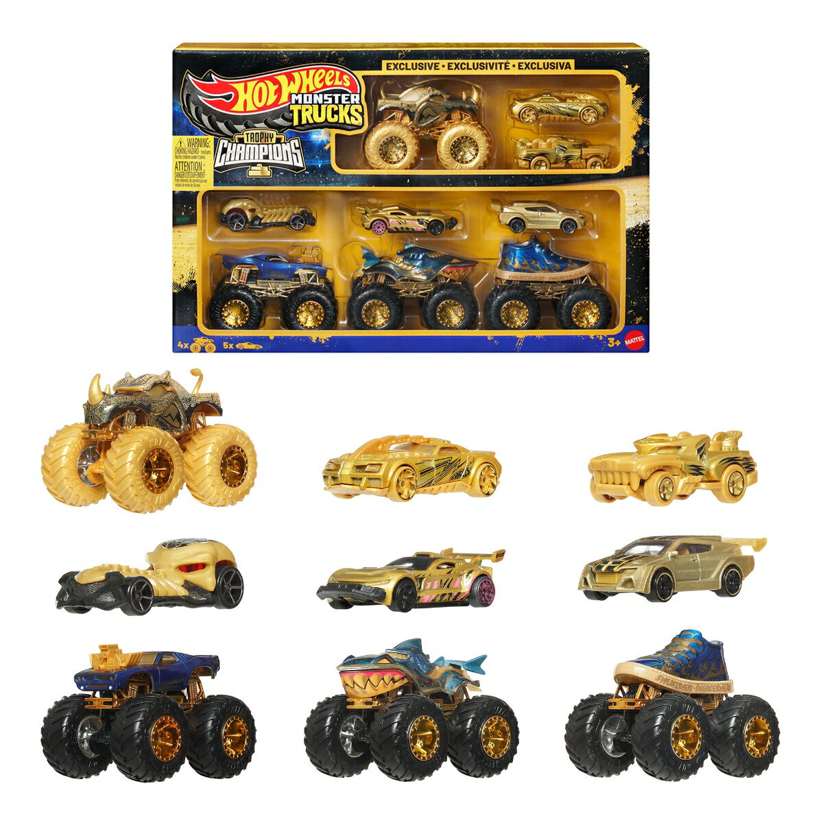 ホットウィール(Hot Wheels)　モンスタートラック トロフィーチャンピオン マルチパック 乗り物おもちゃ モンスタートラック4台 ミニカー5台 計9台入 3歳から ゴールド JND72