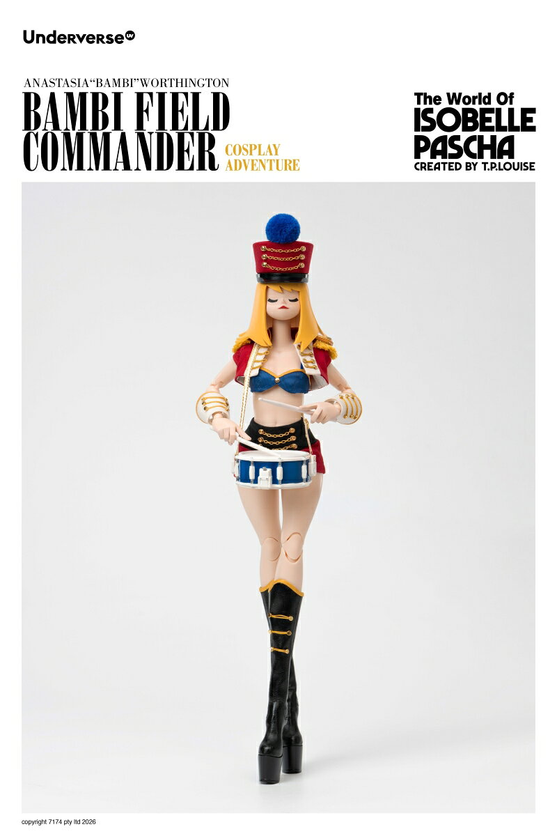 メーカーUnderverse社企画製作の下、アーティストアシュレイ・ウッドが手掛けるフィギュアシリーズ「ザ・ワールド・オブ・イゾベル・パスハ」より、1/6可動フィギュア「Bambi Field Commander(バンビ・フィールド・コマンダー)」が登場!
今回は軍楽隊の指揮官をイメージしたコスチュームで登場。
UNDERVERSEオリジナルの可動素体を採用し、全身25か所の関節が可動することで、さまざまなポージングをお楽しみいただけます。
赤・青・ゴールドを基調とした華やかなデザインに、帽子やドラム、バチ、指揮棒などの小物を組み合わせ、印象的なスタイルに仕上がっています。

パーツリスト:
・素体×1
・ヘッドパーツ×1
・帽子×1
・アウター×1
・インナー×1(脱着不可)
・ショートパンツ×1(脱着不可)
・アームカバー×1対
・交換用ハンドパーツ×3対

サイズ:1/6スケール
素材:PVC/ABS/布/金属

※海外仕入商品の為、多少の箱潰れが発生する可能性がございます。
箱潰の交換は出来かねます。
ご了承ください。

copyright 7174 pty Itd 2026

・ホビー系商品についての諸注意
メーカー都合により発売の大幅な延期が発生する可能性がございます。
予約商品についてはメーカーから順次入荷次第の発送となります。メーカー公表の発売日とは異なる場合がございますのでご了承ください。【対象年齢】：15歳以上