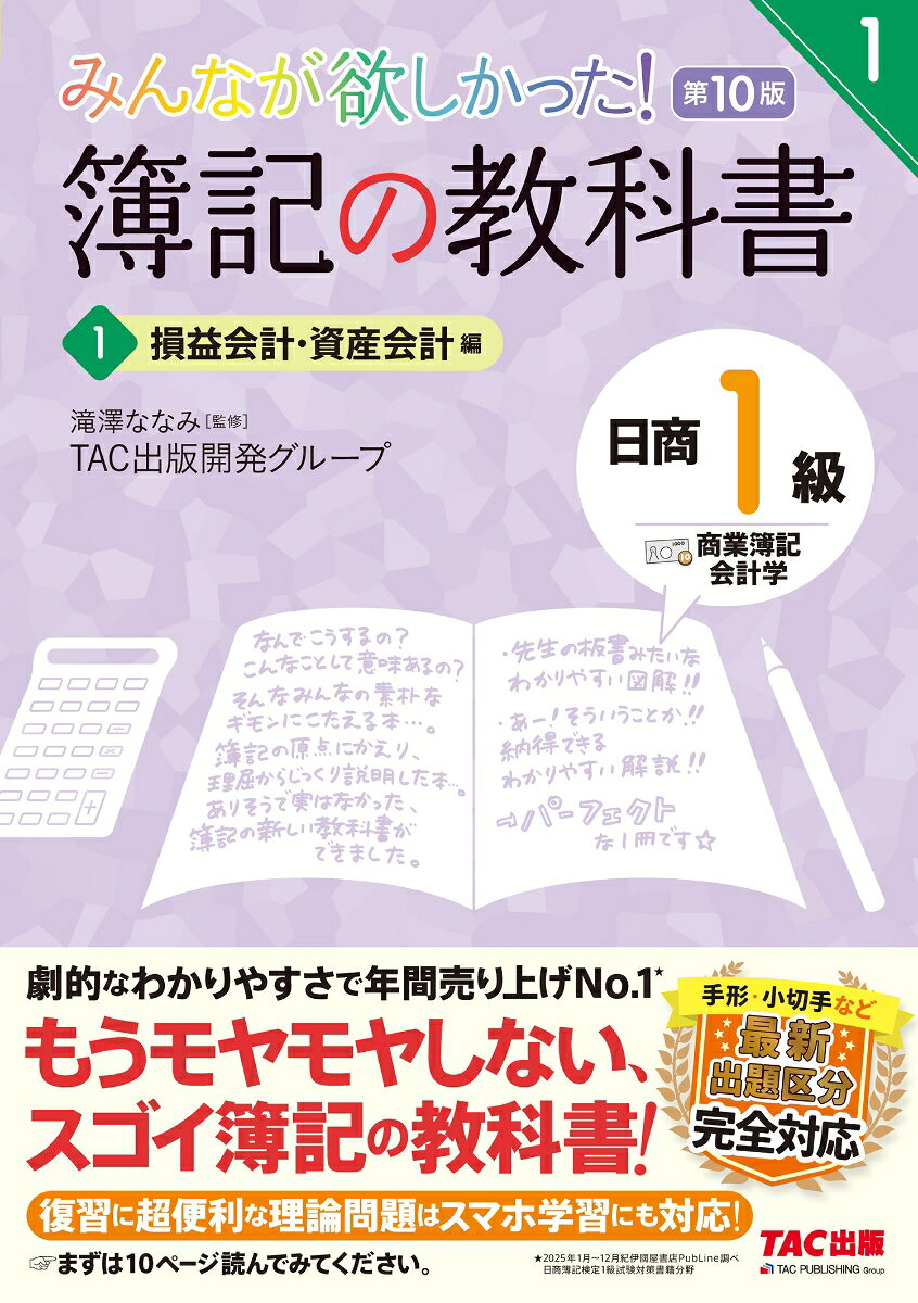 ・簿記書籍累計2500万部突破！
・確実に理解して合格したい人へ。もうモヤモヤしない、スゴイ簿記の教科書！
・簿記のTACが贈る、超・自信作です。
・劇的なわかりやすさで年間売上No.1！
・手形・小切手など最新出題区分完全対応。

◆本書の特徴は5つ！
1「なぜ？」「どうして？」を解消できる、わかりやすい説明！
2豊富な図解で、覚えるべきポイントが一目瞭然！
3モヤモヤしがちなポイントは、実例をあげて解説しているので、イメージしながら理解できます！
4基本問題も満載で、知識の定着もばっちりOK！
5本試験直前期にお役立ち理論対策も別冊形式で収載！

◆購入者特典！
PDFダウンロードにより、スマホ学習もできます！

ーーー↓詳細はこちら↓---
【「商業簿記・会計学　1　損益会計・資産会計編」内容】
1会計学の基礎知識
2損益計算書の基礎
3収益の認識基準
4工事契約（建設業会計）
5一般商品売買
6〜8特殊商品売買
9会計上の変更・誤謬の訂正
10貸借対照表の基礎
11現金預金
12金銭債権・貸倒引当金
13有価証券
14デリバティブ取引
15参考（特殊商品売買、有価証券の保有目的の変更など）

◆第9版からの改訂内容◆
・手形／小切手／現金預金／債権譲渡／税率の変更
・その他、最新の試験傾向に対応

※2025年1月〜12月紀伊國屋書店PubLine調べ。日商簿記検定1級試験対策書籍分野。