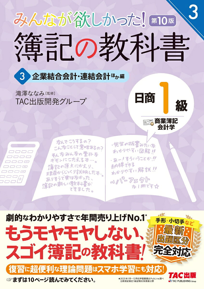 ・簿記書籍累計2500万部突破！
・確実に理解して合格したい人へ。もうモヤモヤしない、スゴイ簿記の教科書！
・簿記のTACが贈る、超・自信作です。
・劇的なわかりやすさで年間売上No.1！
・手形・小切手など最新出題区分完全対応。

◆本書の特徴は5つ！
1「なぜ？」「どうして？」を解消できる、わかりやすい説明！
2豊富な図解で、覚えるべきポイントが一目瞭然！
3モヤモヤしがちなポイントは、実例をあげて解説しているので、イメージしながら理解できます！
4基本問題も満載で、知識の定着もばっちりOK！
5本試験直前期にお役立ち理論対策も別冊形式で収載！

◆購入者特典！
PDFダウンロードにより、スマホ学習もできます！

ーーー↓詳細はこちら↓---
【「商業簿記・会計学　3　企業結合会計・連結会計ほか編」内容】
1本支店会計
2企業結合・事業分離
3連結会計1
4連結会計2
5連結会計3
6持分法
7外貨換算会計
8キャッシュ・フロー計算書
9連結キャッシュ・フロー計算書
10包括利益
11参考

◆第9版からの改訂内容◆
・手形／小切手／税率の変更
・その他、最新の試験傾向に対応

※2025年1月〜12月紀伊國屋書店PubLine調べ。日商簿記検定1級試験対策書籍分野。