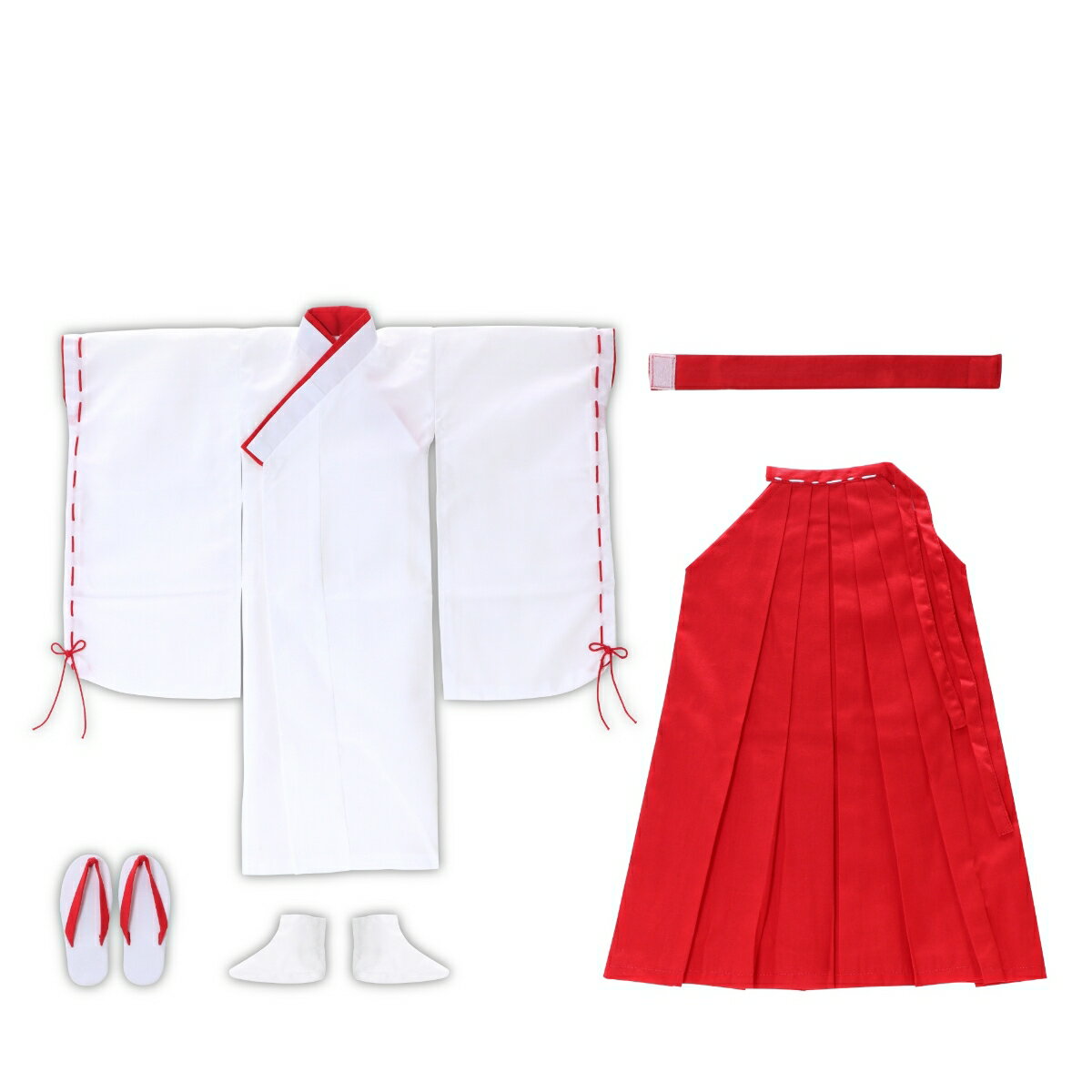 50 巫女服set（羽織・袴・帯・足袋・草履）赤×白 【FAR292-RED】 (ドール)