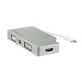 USB-C対応マルチディスプレイアダプタ（シルバー）。USB Type-Cポート搭載ノートパソコンをVGA／DVI／HDMI／Mini DisplayPortディスプレイに接続するポータブルソリューションです。カラーバリエーションとして、スペースグレー（製品番号：CDPVDHDMDPSG）とローズゴールド（製品番号：CDPVDHDMDPRG）があります。

【携帯を想定したオールインワン型ビデオアダプタ】
フォーインワン（4-in-1）タイプのマルチビデオアダプタにより、ディスプレイごとに異なるアダプタを携帯する必要がなくなります。VGA、DVI、HDMI、mDPの4種類の出力に対応し、ノートパソコンをあらゆるタイプのディスプレイに接続できるようになります。トラベル用として、またはBYOD（私物デバイス持ち込み）環境に最適なプラグアンドプレイソリューションです。

【驚きの画質を実現】
HDMIおよびmDP出力では、4K解像度に対応しており、HD解像度1080pの4倍にあたる高画質を提供します。すべての出力（HDMI／mDP／VGA／DVI）で1920 x 1200のHD解像度に対応しています。

【スタイリッシュな接続アクセサリ】
このUSB Type-Cマルチアダプタは、アルミニウム筐体を使用しており、シルバーのMacBookと同色のデザインになっています。USB-C DP Altモードに対応したデバイスであれば、MacBook以外でも使用可能です。収納しやすい本体一体型のUSB-Cマグネットケーブルがついており、持ち運びに最適です。

StarTech.comでは、本製品に3年間保証と無期限無料技術サポートを提供しています。