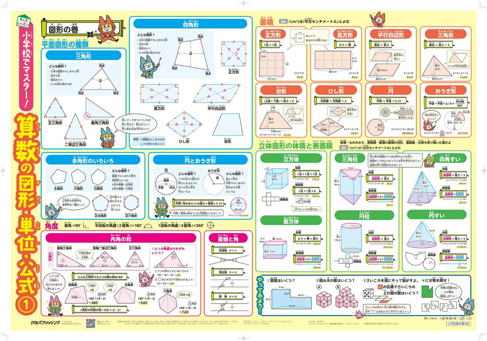 【図や表でスッと頭に入る！小学算数の学習ポスターが登場！】
・学習指導要領に対応した、小学全学年向けの学習算数ポスター
・見やすい文字、たくさんの図＆表で重要項目をわかりやすく解説
・水をつけるとお風呂の壁に貼れる、「ユポFGS」紙を使用
・外箱はオリジナル化粧箱仕様。お子さまへのプレゼントにも最適

【サイズ】
横54.5cm×縦78.8cm （2枚セット）
※大きくて見やすい！お風呂やトイレ、部屋の壁など、好きなところに貼れます！

【主な掲載内容】
平面図形・立体図形
分数・小数・百分率
割合
速さ
単位
平方数・円周率のかけ算
100までの素数
倍数の見分け方　etc…
※つまづきやすいポイントを網羅。予習・復習どちらにも活用できます！
※チャレンジ問題も掲載