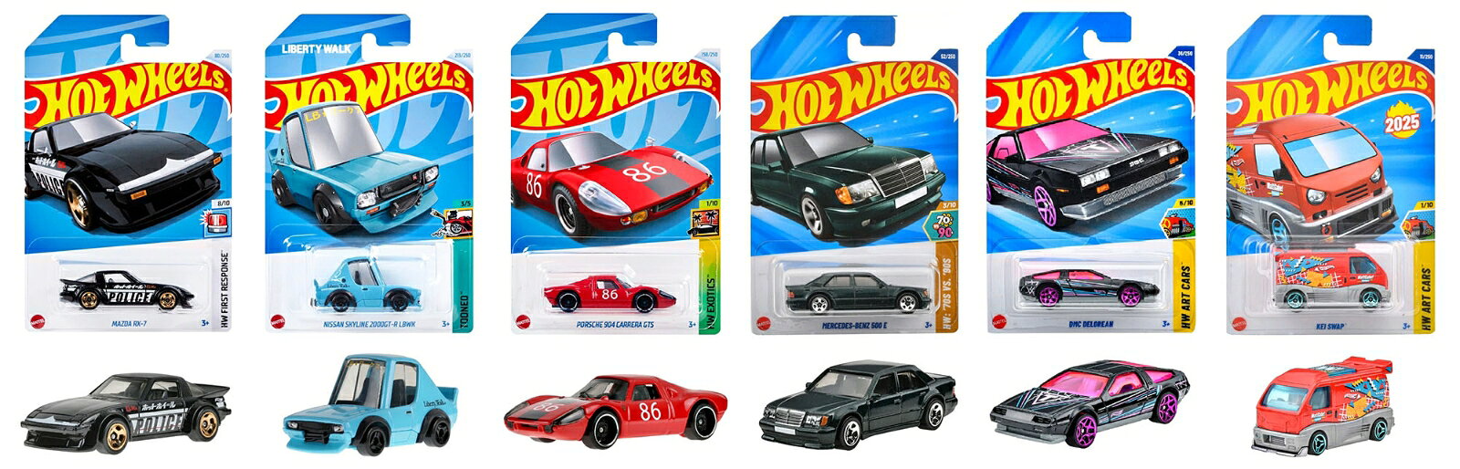 【セット商品】ホットウィール(Hot Wheels) ベーシックカー 6種（マツダ RX-7 + 日産 スカイライン 2000GT-R LBWK + ポルシェ 904 カレラ GTS + メルセデス・ベンツ 500E + DMC デロリアン + ケイスワップ）