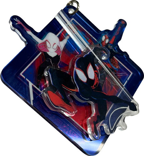 「スパイダーバース2」のアクリルキーホルダーです。立体的な二層アクリルで、輝くミラー素材♪【商品サイズ (cm)】(幅×高さ×奥行）：7.1×11.1×0.6