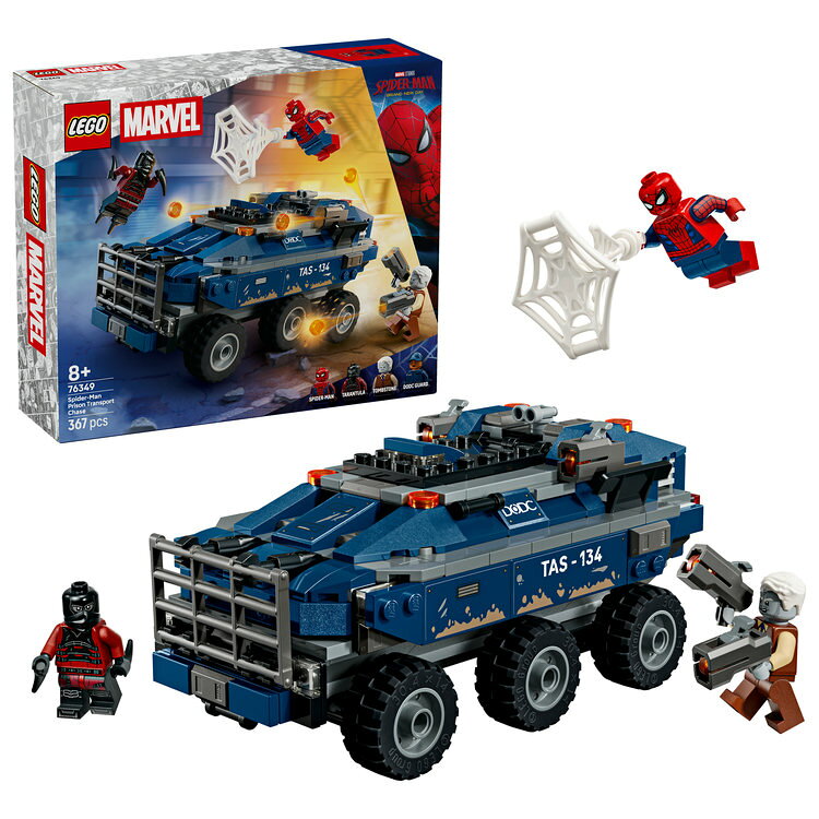 スパイダーマン映画に登場したのりもののおもちゃ『スパイダーマン：ブランド・ニュー・デイ』に登場した6輪車で想像力のアクセル全開。 ミニフィギュア4体とスーパーヒーローごっこスパイダーマン、タランチュラ、トゥームストーン、 DODC警備員がアクション満載のバトルを繰り広げる。レゴ&reg; | マーベル スパイダーマン 護送車チェイス   バトルの準備はいつでもOK！スタッドシューターやクモの巣の武器で戦おう。    アクション炸裂牢屋付きの護送車は屋根が開き、スタッドシューター2台を搭載。    楽しさが止まらないどんなデコボコ道も突進するサスペンション付きの6輪車。  インタラクティブなデジタル版組み立て説明書組み立て手順がひと目でわかるLEGO&reg; Builderアプリを使えば、立体表示されるモデルを拡大・回転させながら組み立て、作業の進行状況を保存できます。 もっと楽しくレゴ&reg; | マーベル シリーズには、組み立て遊びの冒険をさらに広げるセットがほかにもそろっています（各セット別売り）。・ のりものモデル - レゴ&reg; | マーベル スパイダーマン 護送車チェイス（76349）で『スパイダーマン：ブランド・ニュー・デイ』を再現しよう
・ ミニフィギュア4体 - ウェブを持つスパイダーマン、スタッドシューター2丁装備のトゥームストーン、手足にスパイクが付いたタランチュラ、手錠とシューター（発射機能はありません）を持ったダメージコントロール局職員が付属
・ 想像力豊かな遊び - 善と悪が対立するスーパーヒーローの冒険でお子さまがスーパーヴィランに立ち向かいます
・ リアルなアクション - スタッドシューター2台を搭載した6輪護送車は、険しい山道をものともしないサスペンションを備え、開閉式ルーフハッチからコックピットへ入ったり、後部を開けて牢屋に脱走犯を閉じ込めたりできます
・ お子さま向けギフト -『スパイダーマン：ブランド・ニュー・デイ』が大好きな8才以上のお子さまへのプレゼントに
・ 楽しい組み立ての世界 - わかりやすいデジタル版組み立て説明書が収録されたLEGO&reg; Builderアプリは、立体表示されるモデルを拡大・回転して手順を確認しながら組み立てを進め、進行状況も保存できます
・ レゴ&reg; | マーベル・ユニバース - マーベル映画の人気キャラクターやアクション満載の名場面をつくり上げ、想像力豊かにアクションアドベンチャーを楽しめます
・ サイズ -（約）高さ8cm × 長さ16cm × 幅8cm／ピース数：367
・ レゴデュプロ以外の製品には、小さな部品が入っています。間違って飲み込む危険がありますので、4才未満のお子さまには遊ばせないでください。【対象年齢】：8歳以上【商品サイズ (cm)】(幅×高さ×奥行）：22.2×7.6×26.2