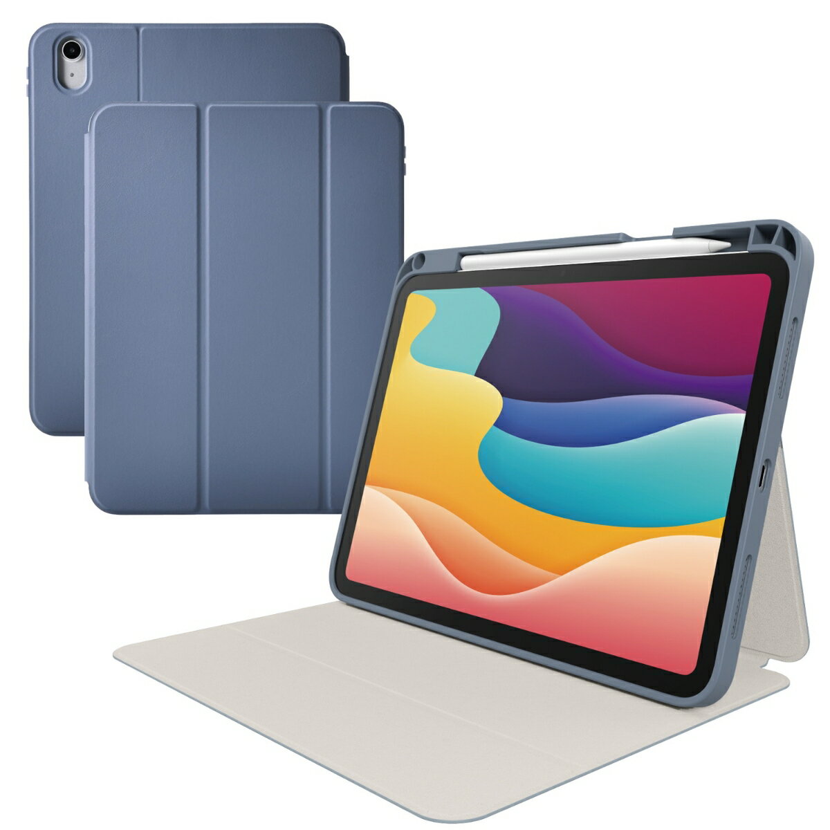 iPad 11インチ(A16)/10.9インチ(第10世代)/フラップケース/衝撃吸収/ApplePencil収納/スリープ対応/ブルーグレー