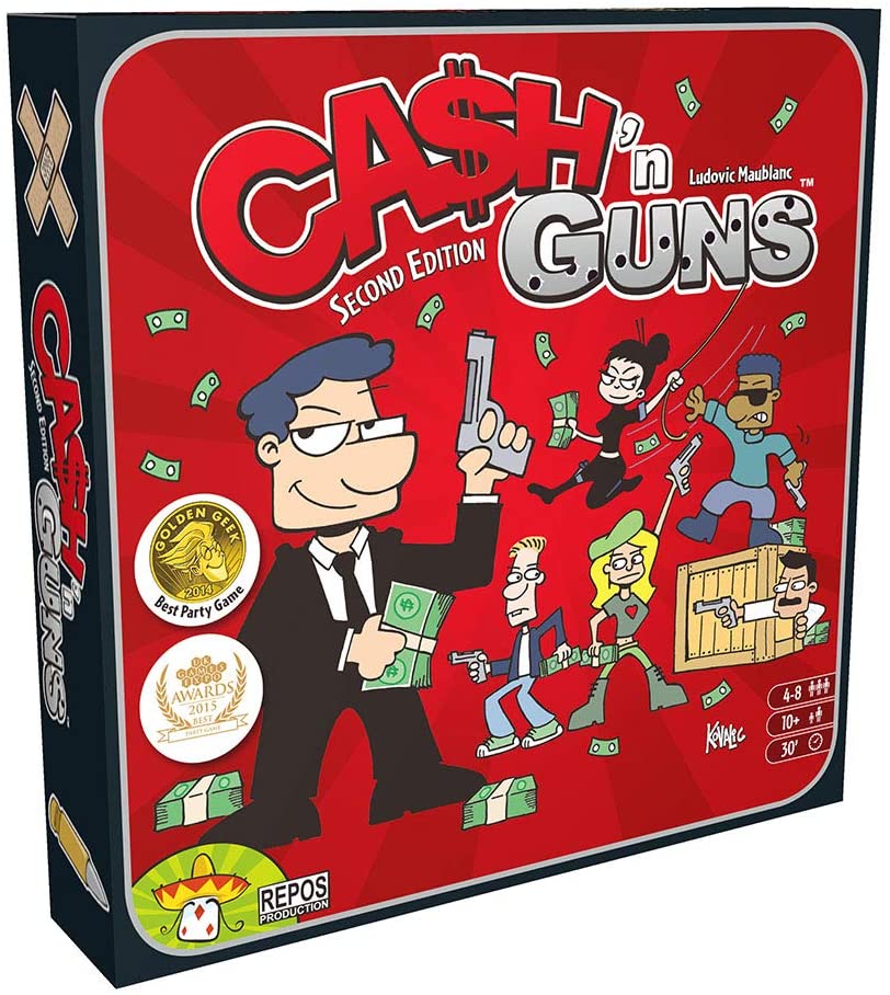 ■商品説明
「キャッシュ&ガンズ」は、プレイヤーそれぞれがギャング団の一員になり、
 拳銃をつきつけながら獲物の山分けをするパーティゲームです。

 各拳銃は装弾数8発。
うち、実弾3発と空砲5発を装填しています。
 場に、獲物の盗品が並べられると、ゴッドファーザーが3つ数え、全員一斉に他のギャングに銃口を向けます。
ここからが駆け引きになり、勝負を降りて銃を置き身を伏せるか、強気で勝負に出るかを判断します。
それぞれの意思が決定したら、ゴッドファーザーは再び3つ数え、
プレイヤーは銃を置いて身を伏せるか、強気で「バンザイ!」と叫んでそのままでいるかのどちらかの行動を取ります。
 降りたプレイヤーは、今回の分け前を辞退することになりますが、命は保障されます。
そして、まだ銃を持っているプレイヤーは銃を撃ちます。
 実弾で撃たれたプレイヤーは負傷し、今回の分け前をもらえません。
(3回撃たれると死亡し、ゲームから除外となります。)
空砲で撃たれたプレイヤーと銃口を向けられなかったプレイヤーのみが最後まで残り、並べられた盗品を山分けします。
これを8回(装弾数8発分)繰り返して、生き残ったプレイヤーで最も持ち金の多いプレイヤーが勝利します。
 「パワーカード」を使用した応用ルールも楽しい、読みと駆け引きの4人から8人まで遊べるパーティゲームです。

※本商品は日本語含む多言語版商品です。日本国内での発売元は株式会社ホビージャパンです。

プレイ人数:4~8人
プレイ時間:30分
 対象年齢:10歳以上
ゲームデザイン:ルドヴィック・モーブロン
 イラスト:ジョン・コヴァリク

[セット内容]
ウレタン製の拳銃8丁、負傷マーカー18枚、キャラクタータイル8枚、ゴッドファーザーのデスク1枚、プラスチック製スタンド9個、先手プレイヤートークン1枚、ボーナスカード1枚、パワーカード16枚、銃弾カード64枚、略奪品カード64枚、ゲームのルール
