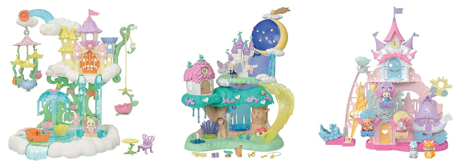 【セット商品】シルバニアファミリー3種　お空のゆめいろフェアリーキャッスル F-37 + 妖精の森と魔法のお城 F-41 + お城のゆめいろゆうえんち -ハピネスドリームー コー81