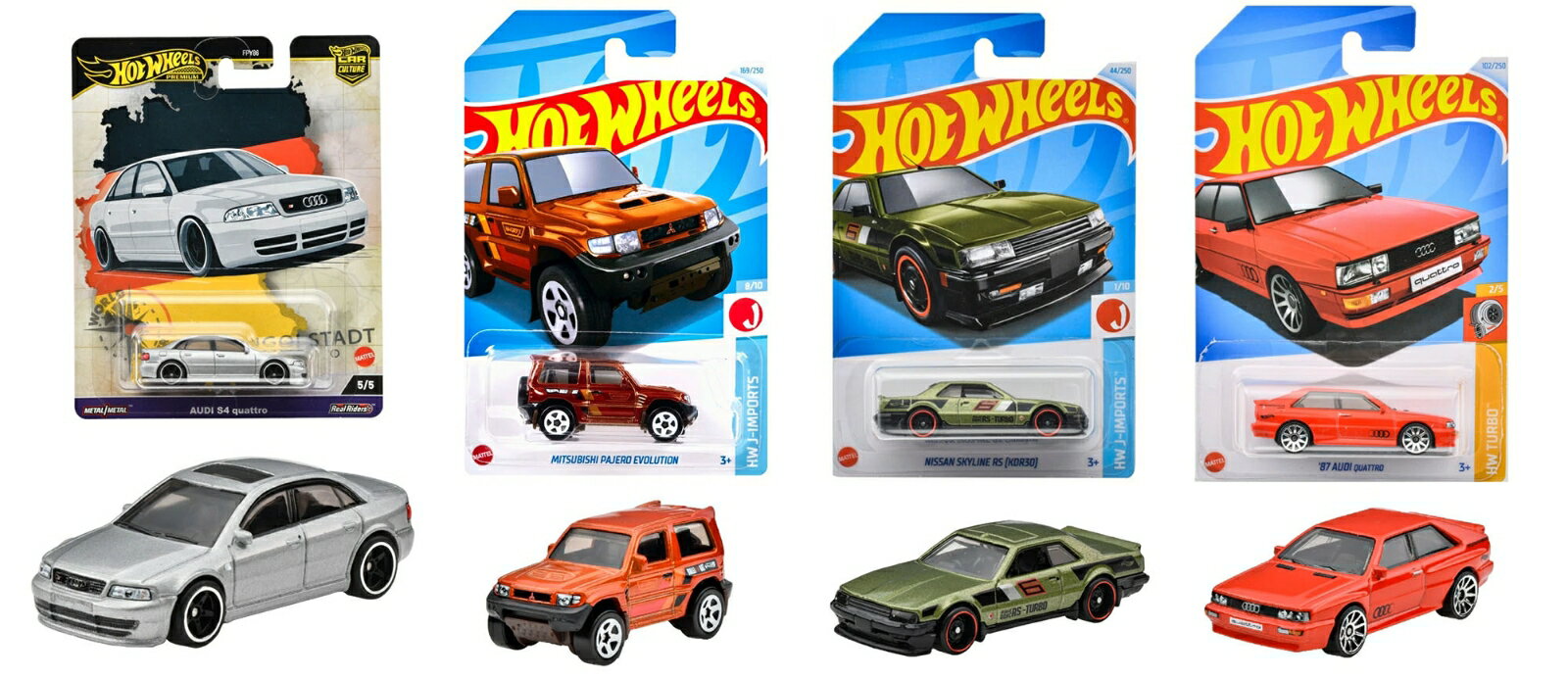 ＜セット内容＞
ホットウィール(Hot Wheels) 　カーカルチャー ワールドツアー アウディ S4 クワトロ 乗り物おもちゃ ミニカー 3歳から シルバー HRV81
ホットウィール(Hot Wheels) ベーシックカー 三菱 パジェロ エボリューション 乗り物おもちゃ ミニカー 3歳から オレンジ HXR09
ホットウィール(Hot Wheels) 　ベーシックカー 日産 スカイライン RS (KDR30) 乗り物おもちゃ ミニカー 3歳から HXR03
ホットウィール(Hot Wheels) 　ベーシックカー '87 アウディ クワトロ【 ミニカー 】 【3才~】 HXP98


ーーーーーーーーーーーーーーーーーー

◆◇ホットウィール(Hot Wheels) 　カーカルチャー ワールドツアー アウディ S4 クワトロ 乗り物おもちゃ ミニカー 3歳から シルバー HRV81◇◆

【内容】1994年、大成功を収めた80シリーズの後継車種として登場したA4。同車はアウディのアッパーミドルクラスのセダンでエンジンは1.6および1.8リッターの直4、2.8リッターのV6他が搭載された。
同車をベースにエンジンの高出力化やサスペンションの強化を行ったのがホットウィールがモチーフにした2代目S4で1997年に登場している。S4はセダンとステーションワゴンの2タイプが用意され、後者はS4アヴァントと呼ばれた。
エンジンは265馬力を発生するV6 DOHC 2.7リッター・ツインターボエンジンを積み、これに手動の6速M/Tとフルタイム4WDを組み合わせたスポーツカー顔負けのメカニズムで、最高速度は250km/h超をマークした。
ホットウィールではシンプルながらその実速いという、羊の皮を被った狼的な実車の雰囲気をしっかりとスケールダウンしている。
【原産国】タイ 【対象年齢】3歳〜


◆◇ホットウィール(Hot Wheels) ベーシックカー 三菱 パジェロ エボリューション 乗り物おもちゃ ミニカー 3歳から オレンジ HXR09◇◆

【内容】1982年、小型ピックアップトラック、フォルテ4WDのシャシーにステーションワゴン型ボディを架装、今で言うSUVの先駆者として登場した三菱 パジェロ。当時はSUVという言葉が普及しておらずRV（レクリエーション・ヴィークルの略）と呼ばれることが多く、そのブームのけん引役としてパジェロは大人気を博す。
三菱はパジェロの販促も兼ねて、1983年から当時世界一過酷なラリーと言われたパリ・ダカールラリーに参戦を開始する。初年度のデビューウィンに始まり、1991年に2代目パジェロにベースを変更した以降も数多の勝利を獲得している。
1997年からは自動車メーカーが走らせるラリーカーは市販車を基にしていることが条件づけられたため（それ以前は市販車と大きく異なるプロトタイプが主流）、それを満たすオフロード走行に有利な足回りやエンジン、空力デバイスなどを装備したラリー用ベース車、パジェロ エボリューションを三菱は約2,700台生産した。
ホットウィールではパジェロ エボリューションの特徴であるオーバーフェンダーや前後のエアロバンパー、大きな空気吸入口を備えたエンジンフード他を余すことなく再現している。
【原産国】マレーシア　【対象年齢】3歳〜


◆◇ホットウィール(Hot Wheels) 　ベーシックカー 日産 スカイライン RS (KDR30) 乗り物おもちゃ ミニカー 3歳から HXR03◇◆

【内容】「史上最強のスカイライン」と呼ばれた6代目のR30が単品で登場！グリーンのボディカラーが特徴な1台です。
【原産国】マレーシア　【対象年齢】3歳〜


◆◇ホットウィール(Hot Wheels) 　ベーシックカー '87 アウディ クワトロ【 ミニカー 】 【3才~】 HXP98◇◆

【内容】悪路を走破するための装備といった認識の強かった4輪駆動（4WD）システムを「あらゆる路面状況でも速く走れる」ことを目的に改良を重ね、ラリーをはじめとするモータースポーツシーンにいち早く採り入れて圧倒的な強さを見せ、革命を起こしたアウディ。
センターデフを介して、自動的に前後輪に最適な駆動力を振り分けるフルタイム4WDシステムはクワトロと称され、中型車の80シリーズのクーペをベースに開発された、その名もアウディ クワトロは1980年に発売。外観上は太いタイヤを履くためのブリスター化されたフェンダーが特徴だった。
ホットウィールでは初期型の角目4灯から異形角型2灯に変更され、エンジンも2.2リッターへと排気量アップされた後期型をモチーフにしている。
 【原産国】マレーシア【対象年齢】3才〜
【注意】ブリスターカードの裏面は日本語パッケージとなります。

ーーーーーーーーーーーーーーーーーー
【Brandについて】カリフォルニア生まれ 1秒間に16台売れているミニカー。
【ホットウィール】Hot Wheels＝「かっこいい車！」独特な南カルフォルニア風の外観、高速に動くホイール、（当時の最新技術！）そして 赤いラインの入ったタイヤ。現在、世界で一番売れているミニカーです。
【プレゼントに最適】お誕生日、クリスマスプレゼント、入園・入学祝いなど記念日でのプレゼントにぴったりです。