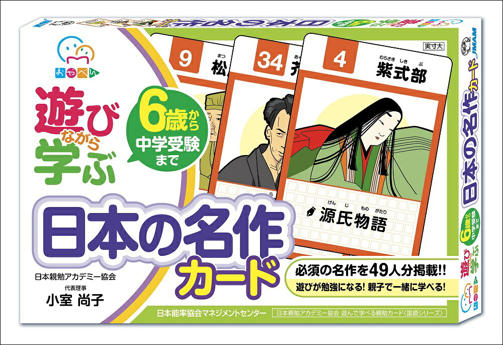 遊びが勉強になる！　親子で一緒に学べる！
【中学受験・高校受験頻出】　
カードで遊ぶだけで、名作の知識＆教養が身につく、カルタとしても楽しく遊べるオリジナルカード！　「平家物語」「源氏物語」など教科書必出の名作はもちろん、「坊ちゃん」「竜馬がゆく」など近現代の名作も、人物イラスト入りでカードにしています。すべて名作クイズ付き、カルタ遊び用に「読み札チラシ」付きで楽しく学べ、いつの間にか知識が身につきます。
【カードは全部で64枚】
◇名作クイズカード49枚・名作暗唱カード15枚
◇カルタ遊びの読み札1枚

＊本教材は、2017年12月、総合法令出版株式会社から刊行された「6歳から中学受験・高校受験まで使える！　日本の名作カード」の再発行版です。