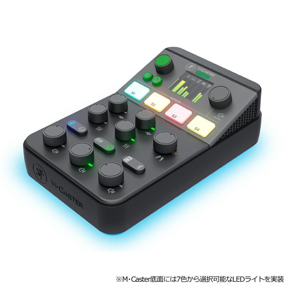 M・Caster Studioは誰でも簡単にライブ配信が可能なオールインワンコンパクトミキサーです。
パワフルなプロセッシング、高品位エフェクター、4つのサンプリングパッド、Bluetooth?接続などライブ配信に必要な多くの機能を搭載してます。

◎最適なライブ配信を
ライブ配信を今より高品位サウンドで行いたいですか？
CPUを大量に消費してしまうプラグインを導入するのは戸惑ってしまいますよね？
心配は不要です。
M・Caster StudioはMacやWindows PC、スマートフォンやタブレットなどモバイルデバイスを使用したライブ配信に最適なオールインワンミキサーです。
コンテンツ制作や最適なミキシングなど、誰でも簡単に高品位サウンドで配信を楽しむことができます。

コンパクトながらパワフルで高品位サウンドを実現するM・Caster Studioを導入すればフォローワーアップにつながるかもしれませんね。

◎STREAMFX ボイスチェンジエフェクト
配信でもっと遊んでみたいですよね？生声だけじゃつまらない。
各入力チャンネルに搭載したStreamFXノブを回すだけでまるでコンサートホールのような深みのあるエコーから、
天使のようなきらめくサウンド、シマリスが話しているようなボイスチェンジやピッチシフトまで聞いてるみんなが驚くような遊び心あふれた配信が楽しめます。

◎CONTOURFX 誰でも簡単にサウンド加工
M・Casterの心臓部にはこのサイズから想像できないくらいハイパワーDSPを搭載しています。
ContourFXノブを回すだけで各入力音源にコンプレッサーをかけることができボーカルやスピーチの明瞭度を上げることができます。
最適なプリセットを見つけて生音とブレンドしてみましょう。

◎様々な音源に対応
お気に入りのプロ用マイクをもちろん使うこともできますが、それだけでにとどまりません。
M・Caster Studio はデジタル一眼レフカメラ、ヘッドセットマイク、スマートフォン、もちろんPCとも連動します。
ヘッドホン出力とスタジオモニター出力も装備し、ミックス作業を簡単に確認することができます。

◎ワイヤレスでスタイリッシュに
M・Caster StudioはBluetoothワイヤレス送受信が可能です。
USB接続と同時に、通話や音楽などの音声を取り込むことができます。

◎おいしいところでおいしいサウンドを
M・Caster Studioには4つのバックライト付きサンプリングパッドを実装しました。
内蔵の3GBストレージに効果音や音源を保存しておきましょう。
ライブ配信中、瞬時にサンプリングパッドで効果音を再生、配信することができます。
もちろんリミックスホーンなどの効果音はプリロードされているので、届いたその日からサンプリングパッドを楽しめます。

◎特徴
●スタイリッシュ超コンパクト、誰でも簡単に高品位サウンド
●お気に入りのマイクやヘッドセット、メディアプレーヤー使用可能
●誰でも簡単に最適なサウンドメイキングが可能なContourFX
●簡単にボイスチェンジを楽しむことのできるStreamFX
●PCオーディオインターフェースとして使用可能なUSB接続
●音声の送受信がワイヤレスで可能なBluetooth? 接続
●スマートフォンのヘッドホン出力に接続し音声の送受信が可能
●スマートフォンからの入力に対し自動ミックスマイナス機能
●レベルや設定など瞬時に確認可能なMixViewerカラーディスプレイ
●M・Caster Studio内に直接オーディオファイルを転送、保存可能な4つの専用ボタンを搭載したサンプラー機能
●15色から選択なRGB LEDライト

◎同梱アクセサリー
・USBケーブル
・電源アダプタ