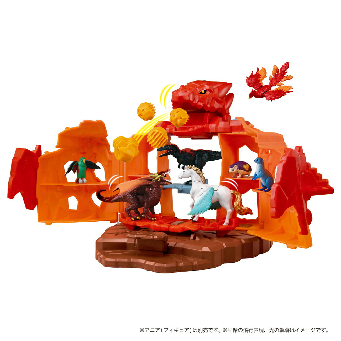 アニアのアニメ「冒険大陸　アニアキングダム ドラゴン島の戦い編」のバトルの舞台となる「ドラゴン島」が登場！ワンプッシュで大きく展開！ドラゴン型のバトルスタジアムに変形。ボタン連打でアニアファイト！山頂のドラゴンの口から岩石玉がゴロゴロ落ちてくる！「激突バトル！変形ドラゴン島」は楽しい遊びやギミックがいっぱい。（1）ボタンをプッシュ！岩が左右に開く変形アクション！（2）ボタン連打でアニアが動いてバトルするぞ！　　　バトルボードのでっぱりにアニアフィギュアを取り付ければ、簡単にバトル遊びができる！（3）山頂のドラゴンの口が開き、吐き出された岩石玉がゴロゴロと落ちてくる！（4）山頂に行ける階段や、小さなアニアが隠れられるほら穴、壁のステージ、岩のステージなど、　　　アニアフィギュアを飾れる場所がいっぱい！※アニア（フィギュア）は別売です。※乾電池は使用しません。※アニアフィギュアの形によってバトルボードにセットしにくい場合があります。※画像の飛行表現、光の軌跡はイメージです。※音の出る機能はありません。【セット内容】ドラゴンあたまパーツ1(1),ドラゴンあたまパーツ2(1),ドラゴンあごパーツ(1),バトルボード(2),岩石土台(1),やまうしろパーツA(1),やまうしろパーツB(1),いわパーツ1(1),いわパーツ2(1),やまひだりパーツ(1),やまみぎパーツ(1),岩石プレート(1),岩石玉(6),シール(1)【対象年齢】：3才〜