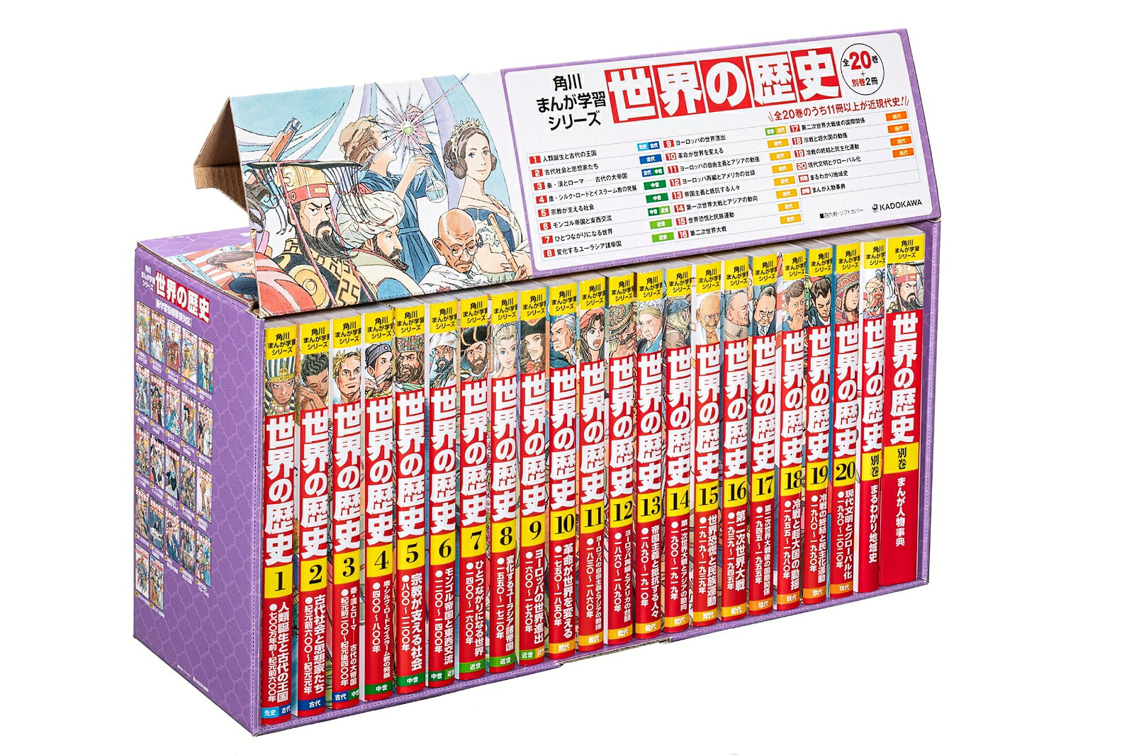 世界史学習まんがの新定番・角川まんが学習シリーズ『世界の歴史』の全巻セット。
世界の横のつながりに注目する、歴史学習の最先端「グローバル・ヒストリー」を採用した初めてのまんがです。
圧倒的なおもしろさ・くわしさだから、小学生から読めて、中学受験・高校受験・大学受験・大人の学び直しまで役立ちます。

【本書の特長】
★全20巻を年代で区切った新構成だから、世界史学習で重要視されている、歴史の「横のつながり」がよく分かる。
★本編まんがは4160ページの最大ボリューム。いちばんくわしい『世界の歴史』です。
★近現代史重視のラインナップだから、2025年度からの共通テスト科目「歴史総合」の学習に最適。
★アジアやアフリカなどの歴史もていねいに描いているから、国際情勢の背景がつかめる。
★『別巻 まるわかり地域史』で、「縦のつながり」をしっかり補完。
★266人を収録した『別巻 まんが人物事典』で人物から楽しく世界史が学べる。
第1巻　 人類誕生と古代の王国　700万年前〜紀元前600年
第2巻　 古代社会と思想家たち　紀元前600〜紀元元年
第3巻　 秦・漢とローマ──古代の大帝国　紀元前200〜紀元後400年
第4巻　 唐・シルク=ロードとイスラーム教の発展　400〜800年
第5巻　 宗教が支える社会　800〜1200年
第6巻　 モンゴル帝国と東西交流　1200〜1400年
第7巻　 ひとつながりになる世界　1400〜1600年
第8巻　 変化するユーラシア諸帝国　1550〜1720年
第9巻　 ヨーロッパの世界進出　1600〜1790年
第10巻　革命が世界を変える　1750〜1850年
第11巻　ヨーロッパの自由主義とアジアの動揺　1830〜1860年
第12巻　ヨーロッパ再編とアメリカの台頭　1860〜1890年
第13巻　帝国主義と抵抗する人々　1890〜1910年
第14巻　第一次世界大戦とアジアの動向　1900〜1919年
第15巻　世界恐慌と民族運動　1919〜1939年
第16巻　第二次世界大戦　1939〜1945年
第17巻　第二次世界大戦後の国際関係　1945〜1955年
第18巻　冷戦と超大国の動揺　1955〜1980年
第19巻　冷戦の終結と民主化運動　1980〜1990年
第20巻　現代文明とグローバル化　1990〜2020年
別巻　まるわかり地域史
別巻　まんが人物事典