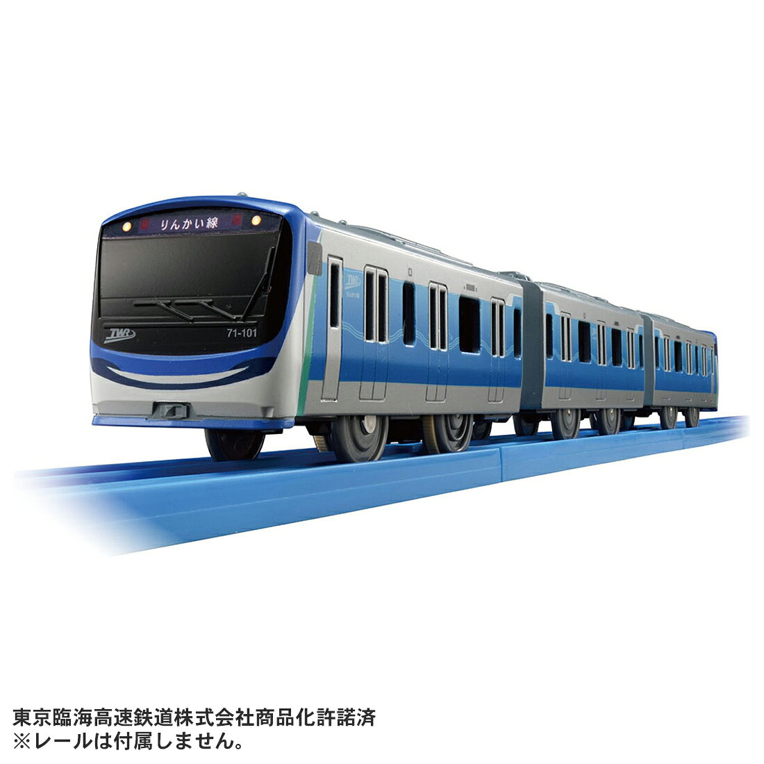 2025年10月に営業運転が開始されたりんかい線71-000形がプラレールに登場です。前面は70-000形の丸みのある面影を残しつつ、親しみを感じさせる微笑みのデザインになっています。側面カラーは東京湾の水辺をイメージしたエメラルドブルーのグラデーションとスカイブルーの配色です。■「りんかい線71-000形」がモデル■3両編成でそれぞれ連結・切り離し可能■1スピードで電動走行、スイッチOFFで手転がし遊び可能■プラ列車カード付※レールは付属しません。【セット内容】車両本体(1),プラ列車カード(1),部品注文書(1)【対象年齢】：3才〜