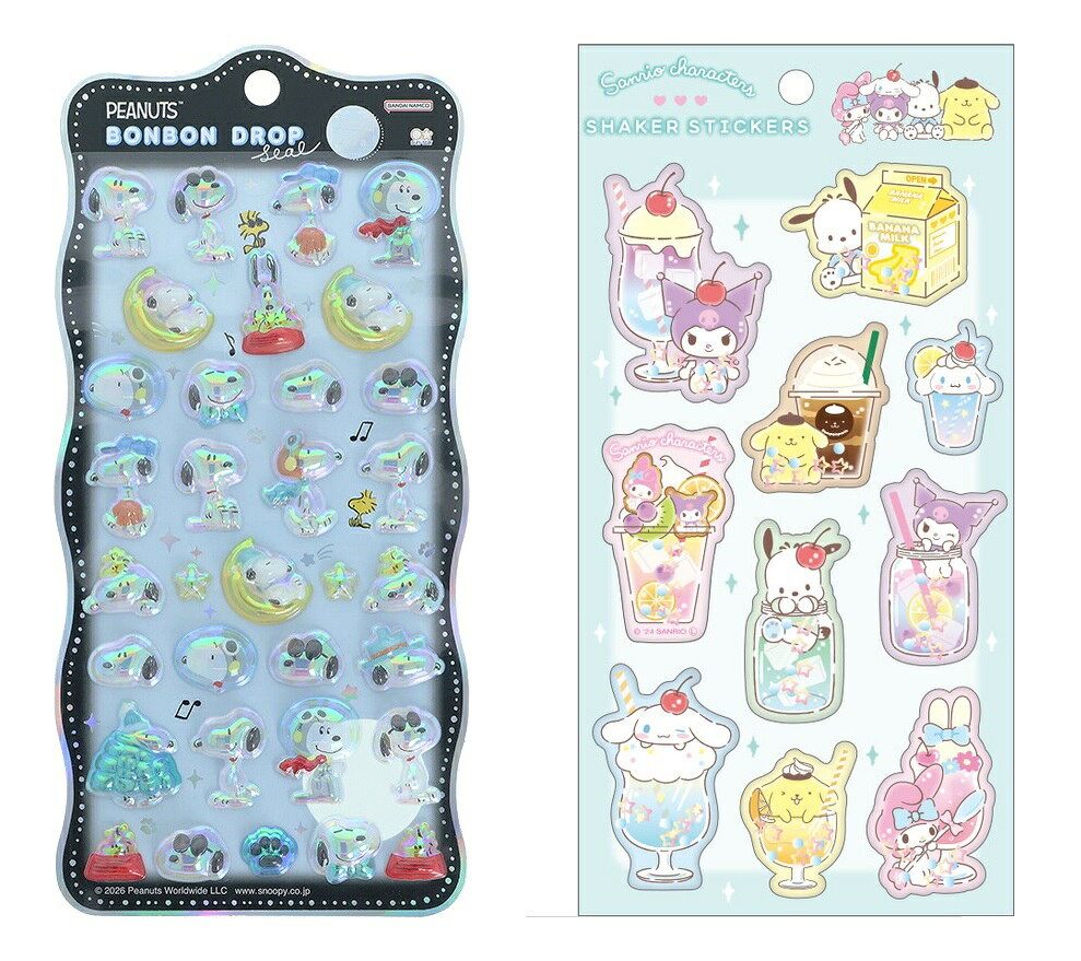 【セット商品】ボンボンドロップシール churukira スヌーピー 変装 + サンリオシェイカーステッカーズ　きらめきドリンク