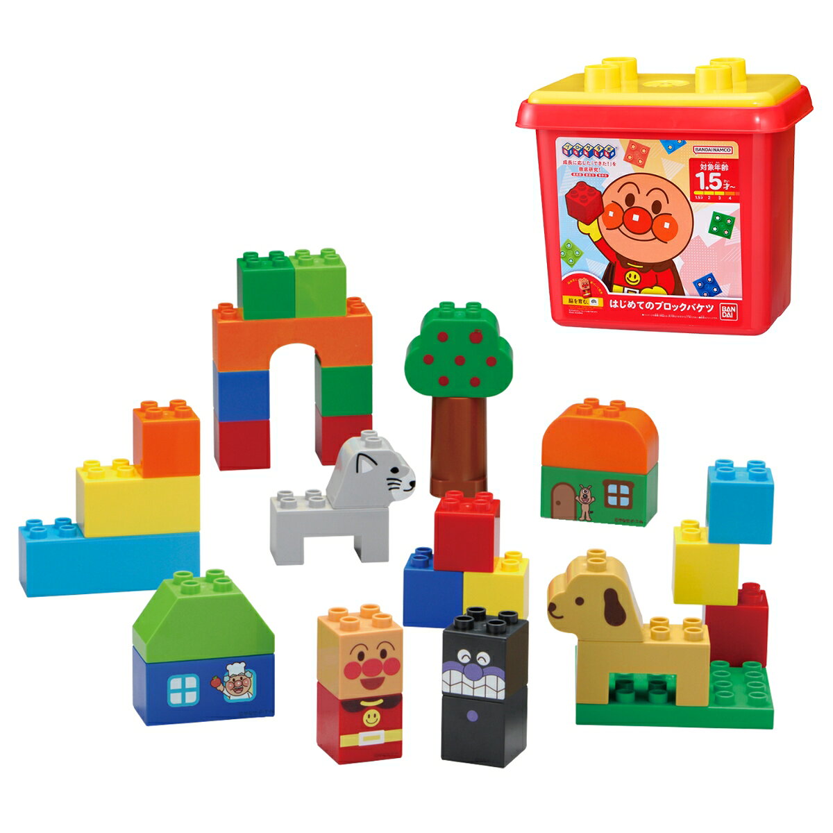 1.5才〜のお子さまに向けたベーシックなブロックセットです。2ピースのブロックでアンパンマンとばいきんまんや、おうち、犬などを作ることができます。また、付属の遊び方サポートブックを見ながら成長に合わせたブロック遊びが楽しめるので、お子さまの成長を実感することができます。大きなバケツに入っているので、お片づけも楽しく、収納にも便利です。［セット内容］・ブロック…31ピース・遊び方サポートブック…1冊（本商品のセット内容以外は付属しません。）【対象年齢】：1.5才〜
