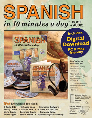 This AUDIO program can be used in conjunction with the book "SPANISH in 10 mintues a day" to maximize one's progress or on its own while commuting, exercising or doing chores around the house.This AUDIO program distinguishes itself from others by using a selection of voices, male and female, young and old, from a variety of Spanish-speaking countries to help acquaint one with a variety of accents.The six AUDIO CDs are packaged in a separate 6-pack wallet so that they can be easily removed from the box and kept in the car, a briefcase or a coat pocket.A complete program - read and write to see the language - flash cards to help one remember - sticky labels to keep one involved and AUDIO to bring it all together. Read, write, see, touch and hear!