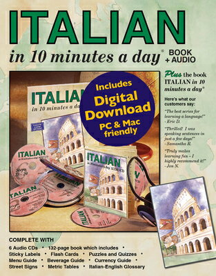 This complete AUDIO CD program includes almost eight hours of personalized audio instruction on six CDs PLUS the 10 minutes a day companion workbook. The CDs may be used in conjunction with the workbook or on their own while commuting, exercising or traveling to your Italian-speaking destination.A wide range of voices acquaints listeners with a variety of accents from Sicily to Tuscany and Rome to Venice. This entertaining program teaches listeners how to speak Italian so they can enliven their experience abroad and venture beyond the beaten path! The 132-page color-illustrated workbook complements the audio CDs with reinforcing exercises and unique bonus study tools such as sticky labels, flash cards, and word games.The AUDIO CD program features the signature 10 minutes a day method, combining a step-by-step, playful style with the backbone of an academic approach. The focus is on success, practicality and fun.