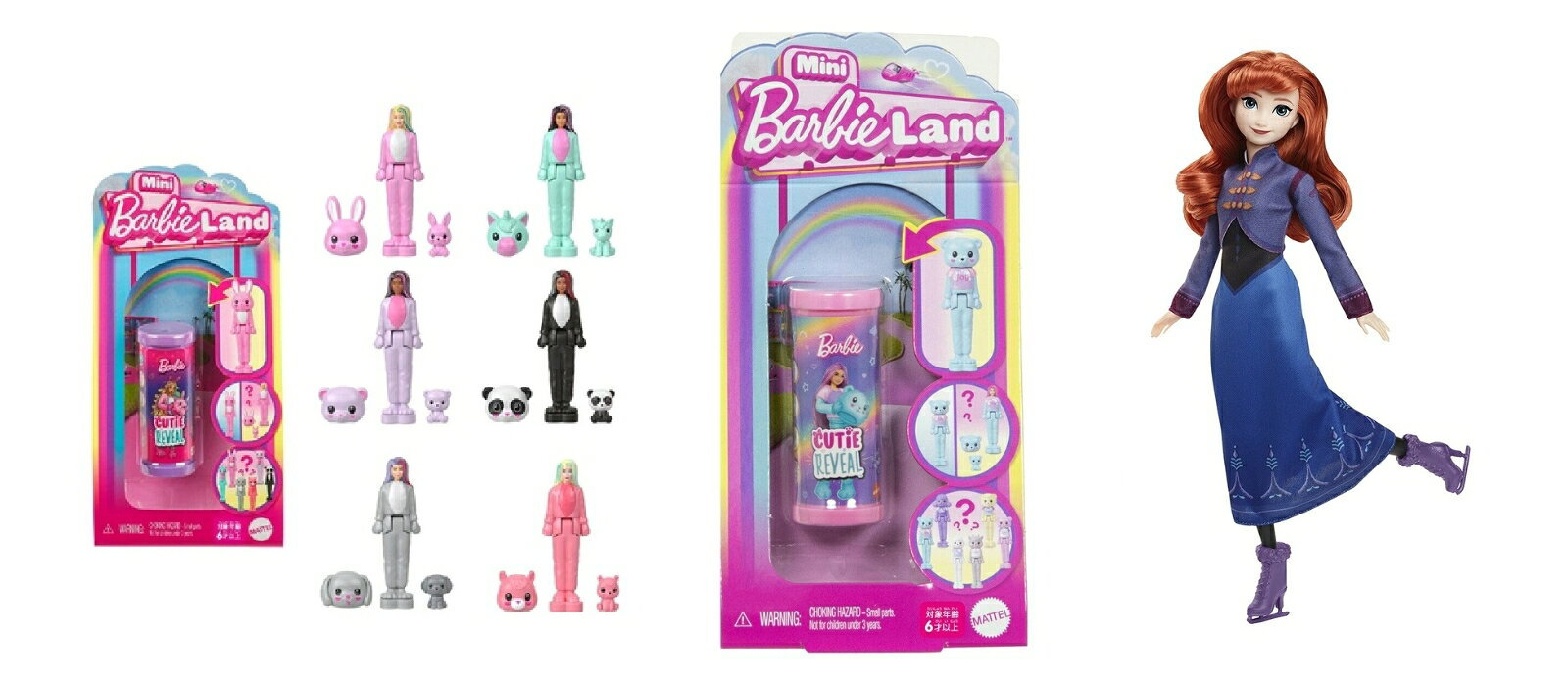 ＜セット内容＞
バービー(Barbie) ミニバービーランド　キュートアップ！ アソート マイクロドール10体 BOX販売 バービー人形 きせかえ人形・ハウス マイクロドール 6歳から ピンク 986A-HYM25
バービー(Barbie)　ミニバービーランド　キュートアップ！ サプライズパック 2025 きせかえ人形・ハウス マイクロドール 6歳から ピンク 986A-JCR15
ディズニー（Disney）/アナと雪の女王（Frozen）　アナ（アイススケート） きせかえ人形・ハウス ままごと・ごっこ遊び 3歳から ブルー JBG54
ーーーーーーーーーーーーーーーー

◆◇バービー(Barbie) ミニバービーランド　キュートアップ！ アソート マイクロドール10体 BOX販売 バービー人形 きせかえ人形・ハウス マイクロドール 6歳から ピンク 986A-HYM25◇◆

【内容】着ぐるみのあたまを取ると約3.81cmのバービーのマイクロドールが出てきます。バービーのキュートアップシリーズをモデルに作られたマイクロドールは全部で6種類、何が出てくるかお楽しみのサプライズトイ！6種類まとめて一度に揃う大人買いセット。
着ぐるみと同じ動物（ペット）もついています。マイクロドールにはハート型の台座がついており自立し、座らせることもできるので、同じシリーズののりものやハウスと一緒に遊べます。ミニバービーランドの他ののりものやハウス、マイクロドールを集めて自分のミニバービーランドを作ろう！
【原産国】中国　【対象年齢】6歳〜
【ごっこあそび】ごっこ遊びを通じて、お子様の想像力を育てることで、You Can Be Anything (何にだってなれる）というバービーが届けるメッセージの通り、想像力から将来の夢を描き、将来の“可能性”を広げるサポートをします。
【Brandについて】世界中で遊ばれているファッションドール。
【バービー：Barbie】バービーは世界中で愛されている着せ替え人形（ドール）です。2023年にはグレタ・ガーウィグが監督しマーゴット・ロビーがバービーを演じる、映画『バービー』もついに公開！大人がおしゃれなコレクションとして買い求めるバービーコレクターラインも充実しており、世代を超えて、女性の夢をかなえるファッションドールとして愛されています。バービーは約200種類の職業や、インスピレーションを与える人物像、数えきれないほどのファッションやアクセサリーを通して女の子の”可能性”を提示してきました。女の子の”可能性”を広げる"You Can Be Anything”(何にだってなれる！)のメッセージを発信し、この取り組みを続けていきます。
【プレゼントに最適】お誕生日、クリスマスプレゼント、入園・入学祝いなど記念日でのプレゼントにぴったりです。【対象年齢】：6歳以上【商品サイズ (cm)】(幅×高さ×奥行）：7.6×15.2×2.9

◆◇バービー(Barbie)　ミニバービーランド　キュートアップ！ サプライズパック 2025 きせかえ人形・ハウス マイクロドール 6歳から ピンク 986A-JCR15◇◆

【内容】着ぐるみのあたまを取ると約3.81cmのバービーのマイクロドールが出てきます。バービーのキュートアップシリーズをモデルに作られたマイクロドールは全部で6種類、何が出てくるかお楽しみのサプライズトイ！着ぐるみと同じ動物（ペット）もついています。
マイクロドールにはハート型の台座がついており自立し、座らせることもできるので、同じシリーズののりものやハウスと一緒に遊べます。ミニバービーランドの他ののりものやハウス、プレイセット、マイクロドールを集めて自分のミニバービーランドを作ろう！
【原産国】中国　【対象年齢】6歳〜
【ごっこあそび】ごっこ遊びを通じて、お子様の想像力を育てることで、You Can Be Anything (何にだってなれる）というバービーが届けるメッセージの通り、想像力から将来の夢を描き、将来の“可能性”を広げるサポートをします。
【Brandについて】世界中で遊ばれているファッションドール。
【バービー：Barbie】バービーは世界中で愛されている着せ替え人形（ドール）です。2023年にはグレタ・ガーウィグが監督しマーゴット・ロビーがバービーを演じる、映画『バービー』もついに公開！大人がおしゃれなコレクションとして買い求めるバービーコレクターラインも充実しており、世代を超えて、女性の夢をかなえるファッションドールとして愛されています。バービーは約200種類の職業や、インスピレーションを与える人物像、数えきれないほどのファッションやアクセサリーを通して女の子の”可能性”を提示してきました。女の子の”可能性”を広げる"You Can Be Anything”(何にだってなれる！)のメッセージを発信し、この取り組みを続けていきます。
【プレゼントに最適】お誕生日、クリスマスプレゼント、入園・入学祝いなど記念日でのプレゼントにぴったりです。【対象年齢】：6歳以上【商品サイズ (cm)】(幅×高さ×奥行）：2.4×5.8×2.4

◆◇ディズニー（Disney）/アナと雪の女王（Frozen）　アナ（アイススケート） きせかえ人形・ハウス ままごと・ごっこ遊び 3歳から ブルー JBG54◇◆

【内容】アイススケートファッションに身を包んだアナのドールです。アナは冬のアレンデールのお祭りに家族や友達とアイススケートを楽しむよう、村人たちにすすめます。アレンデールの街の散策を楽しむための素敵なブーツもセットになっています。ドレスは着脱が可能。膝が曲がるので、アイススケートを楽しむアナをイメージしてポーズをとることができます。&copy; Disney
【原産国】中国　【対象年齢】3歳〜
【Brandについて】『アナと雪の女王』シリーズに登場するキャラクターを忠実に再現したドールやプレイセットでアナ雪の世界を楽しもう！
【アナと雪の女王】2013年にアメリカで公開され、空前の大ヒットを記録した映画『アナと雪の女王』シリーズのキャラクターたちがドールやプレイセットに！ 大好きな映画のシーンを再現したり、ワクワクするような冒険のごっこ遊びを楽しめます。映画の世界観に忠実なドールやプレイセットは、大人のファンのコレクションやギフトにもぴったりです。
【ごっこあそび】ごっこ遊びを通じて、お子様の想像力を育てることで、子どもたちの心を成長させます。ディズニープリンセスのドールを集めて、この憧れのキャラクターたちと、さらなる冒険と物語を作ろう！
【プレゼントに最適】お誕生日、七五三、クリスマスプレゼント、入園・入学祝いなど記念日でのプレゼントにぴったりです。【対象年齢】：3歳以上【商品サイズ (cm)】(幅×高さ×奥行）：13×30×7