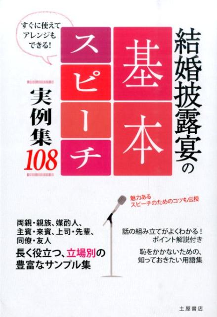 両親・親族、媒酌人、主賓・来賓、上司・先輩、同僚・友人。長く役立つ、立場別の豊富なサンプル集。話の組み立てがよくわかる！ポイント解説付き。恥をかかないための、知っておきたい用語集。