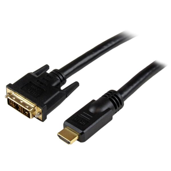 9.1m HDMI - DVI-Dケーブル。DVI-Dビデオカード（またはその他DVI-D出力デバイス）をHDMI技術対応のディスプレイに接続します。双方向動作をサポートし、逆構成も可能なため、HDMI出力からのデジタルビデオをDVI-Dディスプレイに出力することもできます。

この高性能ケーブルは、HDMIとDVI両方のデジタル接続から最高の画質を提供できるよう設計されており、デジタルサイネージ、マルチメディア、ホームシアターなど各種用途で便利な製品です。

このHDMI - DVI-Dケーブルは、耐久性に優れた造りになっており、StarTech.comではライフタイム保証を提供しています。