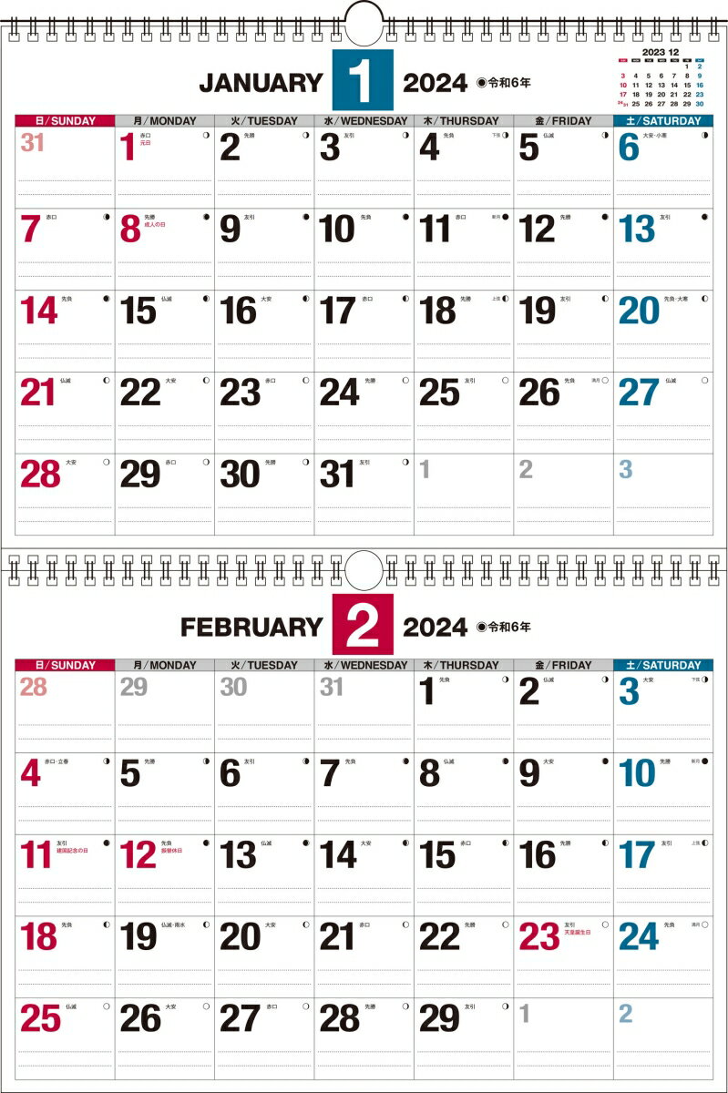 　2024年　ダブルリング式 2ヵ月シンプルカレンダー　B3 ひと目でわかる 2ヵ月タイプ （永岡書店の壁掛けカレンダー）