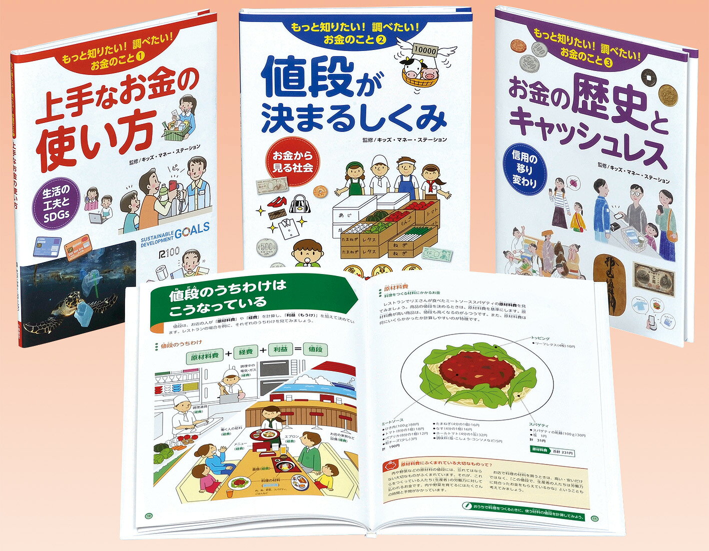 お金を払ってものやサービスを受け取るときに、何を考えて何に気を付ければよいか、この社会で生きていく上では避けて通れません。このシリーズでは、生きる力を育むために必要なお金についての考え方を紹介します。持続可能な社会の視点をふんだんに盛り込み、子どもたちにとっても身近になりつつあるキャッシュレスについても丁寧に解説。家庭科や社会科、総合的な学習の時間の調べ学習で使えるヒントも多く提案しています。

【セット内訳】
(1) 上手なお金の使い方
(2) 値段が決まるしくみ
(3) お金の歴史とキャッシュレス