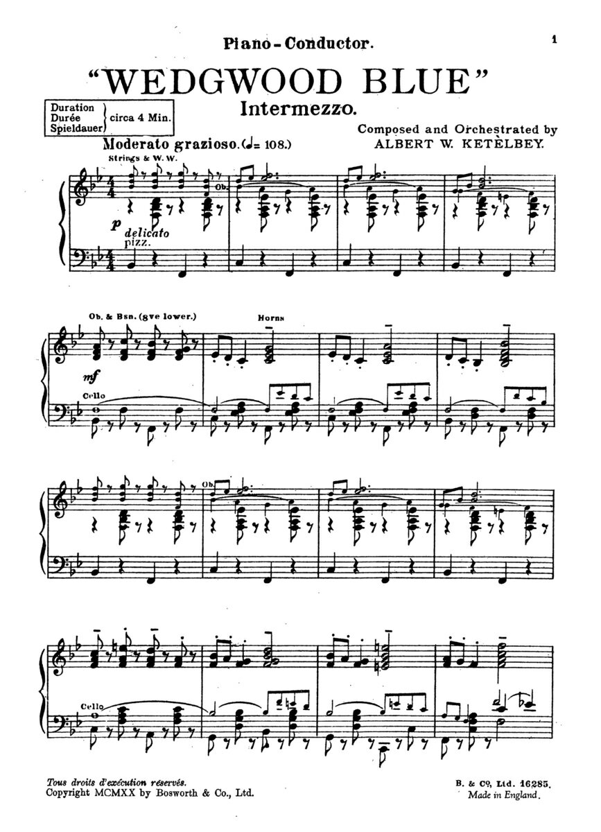 【輸入楽譜】ケテルビー, Albert William: ウェッジウッド・ブルー: ピアノ・コンダクター・スコアとパート譜セット
