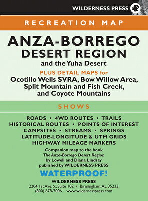 This full-color recreation map has been completely updated to reflect new and expanded state park and national forest boundaries in the Anza-Borrego and Yuha desert regions. Shows roads, jeep routes, trails, campsites, historical routes, points of interest, streams, springs, and highway mileage markers.