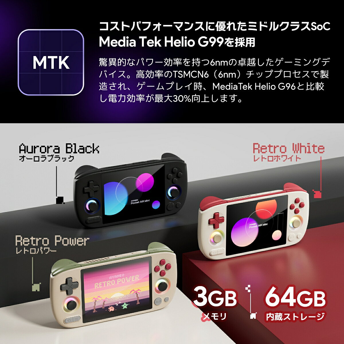 楽天ブックスのAYANEO Pocket Air Mini Androidゲーム機 MediaTek Helio G90T 3GB+64GB レトロパワー｜アングル3