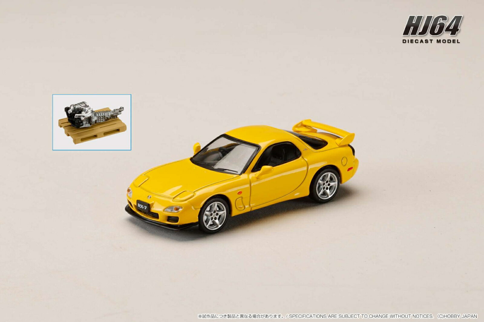 ホビージャパンの1/64ダイキャストシリーズ"HJ64"から 1/64マツダ RX-7(FD3S) TYPE R Bathurst R エンジンディスプレイモデル付・1/64マツダ RX-7(FD3S) TYPE R Bathurst エンジンディスプレイモデル付の登場です。
製品にはクリアケースと台座が付属しますのでコレクションに最適です。

■素材：ダイキャスト(亜鉛合金） / ABS

※写真はプロトタイプです。実際の製品とは異なります。 
※仕様は予告なく変更になる場合がございます。　※ライセンス申請中。 
※メーカー都合により大幅な発売延期や発売中止が発生する場合がございます。予めご了承ください。

・ホビー系商品についての諸注意
メーカー都合により発売の大幅な延期が発生する可能性がございます。
予約商品についてはメーカーから順次入荷次第の発送となります。メーカー公表の発売日とは異なる場合がございますのでご了承ください。【対象年齢】：