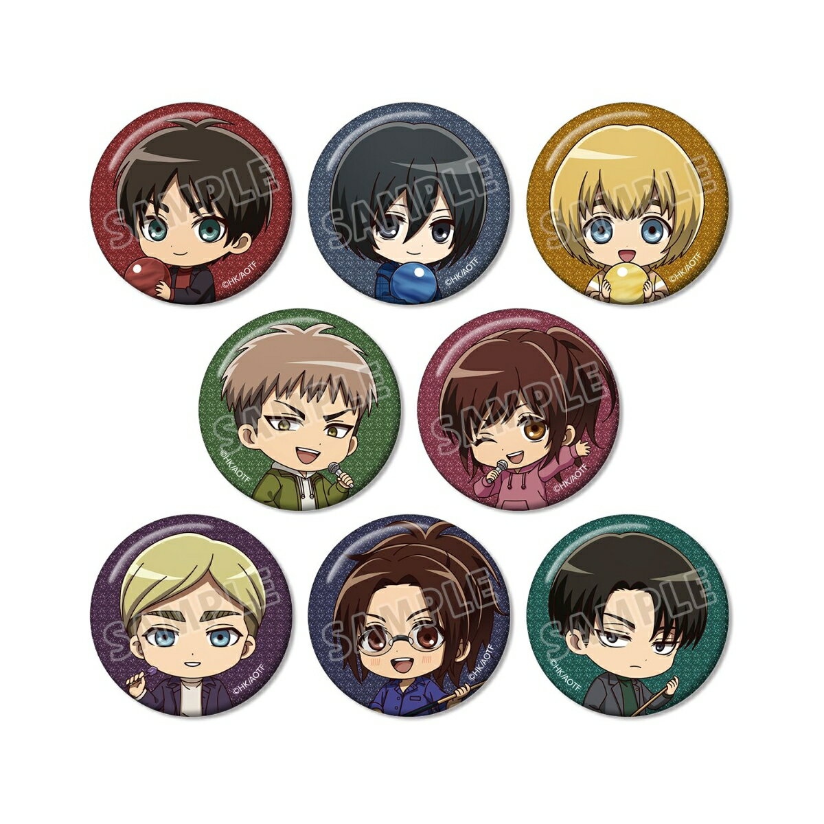TVアニメ『進撃の巨人』×「ROUND1」のコラボレーションアイテム「トレーディング ちびキャラ アクティビティver. グリッター缶バッジ」の登場です。


エレン、ミカサ、アルミン、ジャン、サシャ、エルヴィン、ハンジ、リヴァイのちびキャライラストをグリッター加工を施した缶バッジに仕上げました。
カバンや小物につけたり、お部屋に並べて飾ったり、キャラクターとの日常をお楽しみください。

素材：紙、ブリキ
サイズ：（約）直径56mm
※ 単品販売は全8種のうち、いずれか1種ランダムとなります。

※ BOX販売は8パック入りとなります。