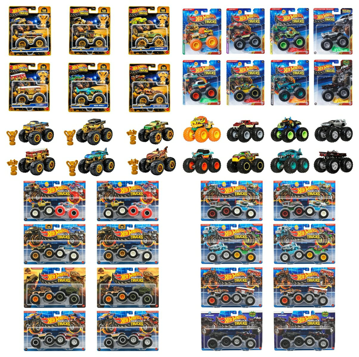 【セット商品】ホットウィール(Hot Wheel)　モンスタートラック　トロフィー チャンピオン アソート 6台入り + 1:64アソート 8台入り + 1:64 2パック アソート 2台組×8セット入り 2種