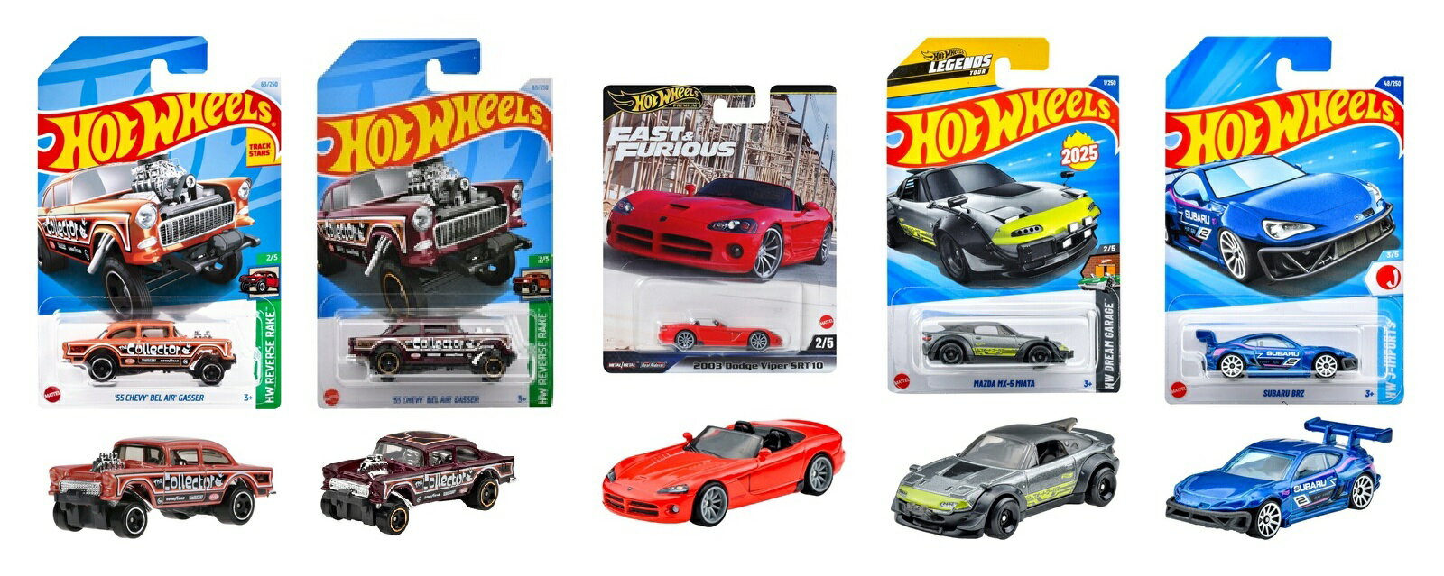 【セット商品】ホットウィール(Hot Wheels) 5種（ベーシックカー '55 シェビー ベルエア ギャッサー ×2 + ワイルド・スピード '03 ダッジバイパー SRT10 + ベーシックカー マツダ MX-5 ミアータ + ベーシックカー スバル BRZ パンデムキット）