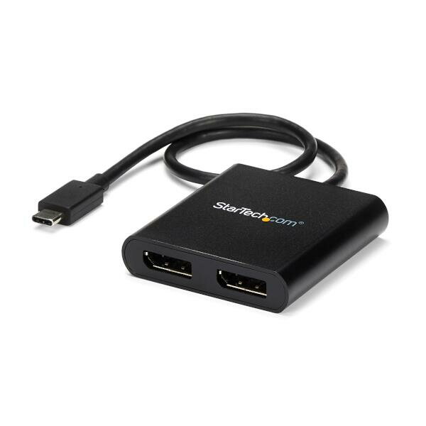 USB-C - DisplayPort MSTハブ。USB Type-C搭載のWindows端末にDisplayPortモニタ2台を接続し、作業効率を大幅に高めることができます。

【マルチタスクを容易に】
最新型のコンピュータでは携帯性がかつてなく重視されるようになり、これに伴いビデオ出力が制限され、搭載スクリーンも小型にならざるを得なくなっています。このMSTハブは、ディスプレイ2台の外付けを可能にし、こうした問題を解決します。USB-Cコンピュータでのマルチタスクが一気にしやすくなります。

このUSB-C - デュアルDisplayPortスプリッタでは、画面を複数の外付けモニタにミラーリングしたり、各画面に別々のコンテンツをストリーミングすることができます。共有デスクや外出用のアクセサリとして最適な製品です。

【驚きの高画質】
MST（マルチストリームトランスポート）技術は、既存のビデオカードを使用し、システムリソースの使用を最小限に抑えながら、2台のモニタで同時に4K（UHD）解像度を実現します。1080pのHD出力と4Kの両方に対応しており、グラフィックデザイン、CADなどのあらゆる高解像度アプリケーションに適しています。

【手軽なセットアップ】
MSTは、Windows端末（USB-C端子でのDP Altモードに対応しているもの）でのネイティブサポートにより、セットアップが簡単です。このUSB-Cデュアルモニタアダプタは Thunderbolt 3と互換性があり、ドライバなどソフトウエアのインストールが不要なプラグアンドプレイに対応しています。また、USB-Cポートから電源を取るため、外付け電源コードが不要です。

StarTech.comでは、本製品に3年間保証と無期限無料技術サポートを提供しています。