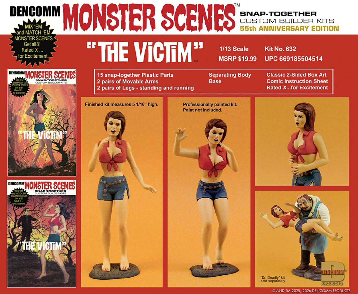 ◯70年代のオーロラフィギュアが蘇る
アメリカのオーロラ社が1970年代にリリースして人気を集めていたモンスター・シーンズシリーズの中のキャラクターの一人がヴィクティムです。
その後、メビウスモデルが復活させて人気を集めたのです。
オーロラ社のオリジナルキャラクターで同じモンスターシーンズシリーズの各キャラクターとともにラインアップされました。
モデルはオーロラ社が1970年代に発売したモンスター・シーンズキットの女性キャラクター、ヴィクティムをデンコムモデルが再リリースするものです。
スケールは1/13。
パーツ点数は15点で組み立てに接着剤を使わないはめ込み式の組み立てを採用したスナップキットです。
仕上がりの身長は128mm。
腕は2ポーズが用意され足も一つは立ちポーズ、もう一つは歩いているポーズの2種類が用意されています。
完成時に安定して展示可能な足元のベースもセット。
レトロキットの味わいに溢れたキットです。

●スケールは1/13
●1970年代にオーロラ社が発売したヴィクティムを再現
●パーツ点数は15点
●仕上がりの身長は128mm
●腕のパーツは2セットを用意し、完成後も可動
●組み立ては接着剤を使わないはめ込み式
●初回限定55周年パッケージ
※初回限定の55周年パッケージは初回製造分のみです
※再生産分につきましては通常パッケージになり、JANコードおよび価格も変更いたしません。
あらかじめご了承ください。

★モンスターシーンシリーズの各キットはそれぞれ組み合わせて使用すると物語が広がります
同時発売の下記キットとも組み合わせ可能
DEN638　モンスターシーン 1/13　ヴァンピレラ
DEN637　モンスターシーン 1/13　ハンギング・ケージ
ご案内中の下記商品とも組み合わせ可能
DEN631　1/13 DR.デッドリー
DEN633　1/13 フランケンシュタイン グロー・イン・ザ・ダーク
DEN634　1/13 グルーサム グッディーズ
DEN635　1/13 ペインパーラー

・ホビー系商品についての諸注意
メーカー都合により発売の大幅な延期が発生する可能性がございます。
予約商品についてはメーカーから順次入荷次第の発送となります。メーカー公表の発売日とは異なる場合がございますのでご了承ください。【対象年齢】：【商品サイズ (cm)】(高さ）：12.8