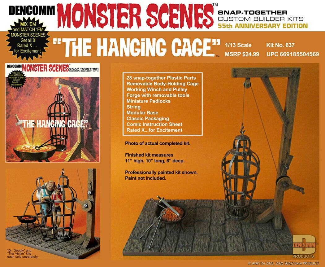 ◯中世の吊り下げ檻をモデル化
1970年代にオーロラ社から発売されていたモンスターシーンズシリーズの一つ、ハンギング・ケージ、吊り下げ檻のキットをデンコムモデルが再リリースするものです。

アメリカのモデラーを中心に多くのファンを持つオーロラ社が1970年代にラインアップして人気を集めたモンスターやクリーチャーのシリーズ、モンスターシーンズの各キットをデンコムモデルが再リリーズ。
このキットは中世に見られた拷問器具の一つとして知られるハンギング・ケージ（吊り下げ檻）をモデル化したキットです。
フレームから吊り下げる人を入れる鉄製の檻は中世の牢獄などの描写に見られます。
人型の檻はホラー映画などにも欠かせないアイテムでしょう。
キットは1/13スケールでこの人型をした吊り下げ式の鉄製の檻、ハンギング・ケージを吊り下げのフレームやベース等とともに再現します。
仕上がりの高さは279mm。
パーツ点数は28点で組み立ては接着剤を使わないはめ込み式。
檻の部分は2分割で再現。
完成後も吊り下げフレームからの取り外しや檻の開閉が可能です。
フレームに取り付けられるプーリーやウインチは可動。
吊り下げ用の糸などもセットされています。
またコミック風の組み立て説明書がセットされているのも見逃せません。

●1970年代に発売されたオーロラ社のモンスターシーンズの一つをデンコムモデルが再リリースするものです
●パーツ点数28点
●組み立ては接着剤を使わないはめ込み式
●檻部分は完成後も取り外し、開閉可能
●ロープ用の糸もセット
●初回限定55周年パッケージ
※初回限定の55周年パッケージは初回製造分のみです
※再生産分につきましては通常パッケージになり、JANコードおよび価格も変更いたしません。
あらかじめご了承ください。
★モンスターシーンシリーズの各キットはそれぞれ組み合わせて使用すると物語が広がります
同時発売の下記キットとも組み合わせ可能
DEN632　モンスターシーン 1/13 ヴィクティム
DEN636　モンスターシーン 1/13 悪魔の振り子 ザ・ペンティアム
ご案内中の下記商品とも組み合わせ可能
DEN631　1/13 DR.デッドリー
DEN633　1/13 フランケンシュタイン グロー・イン・ザ・ダーク
DEN634　1/13 グルーサム グッディーズ
DEN635　1/13 ペインパーラー

・ホビー系商品についての諸注意
メーカー都合により発売の大幅な延期が発生する可能性がございます。
予約商品についてはメーカーから順次入荷次第の発送となります。メーカー公表の発売日とは異なる場合がございますのでご了承ください。【対象年齢】：【商品サイズ (cm)】(高さ）：27.9