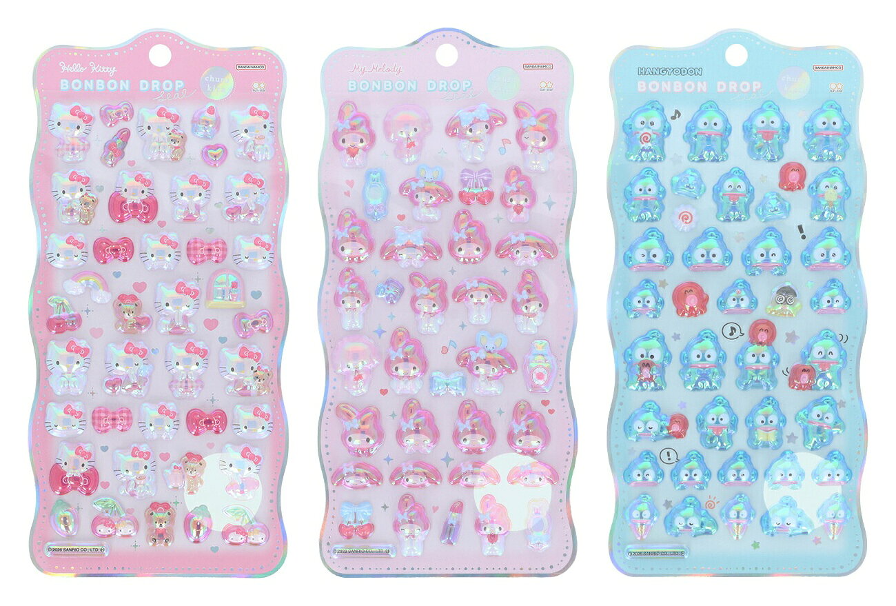 【セット商品】ボンボンドロップシール churukira 3種（ハローキティ ピンク + マイメロディ + ハンギョドン）