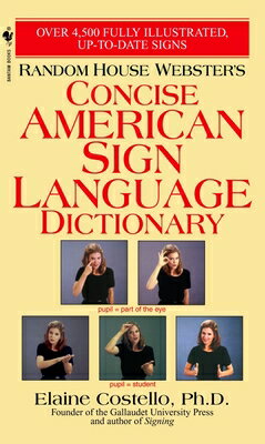 A complete pocket dictionary of American Sign Language 
Over 4,500 fully illustrated, up-to-date signs 
From basic hand shapes to fully illustrated and described signs, Random House Webster's Concise American Sign Language Dictionary offers a comprehensive and up-to-date treasury of signs. Whether you are a novice seeking "survival signs" for basic communication or an experienced user fluent in ASL and looking to enlarge your vocabulary, you cannot find a more complete, easy-to-use sign language dictionary. 
This authoritative reference includes: 
ー Over 4,500 signs -- more than other ASL pocket dictionaries
ー Detailed full-torso illustrations
ー Precise, easy-to-follow instructions for performing each sign
ー Signs for new and technical terms
ー Hints for remembering signs
ー And much more