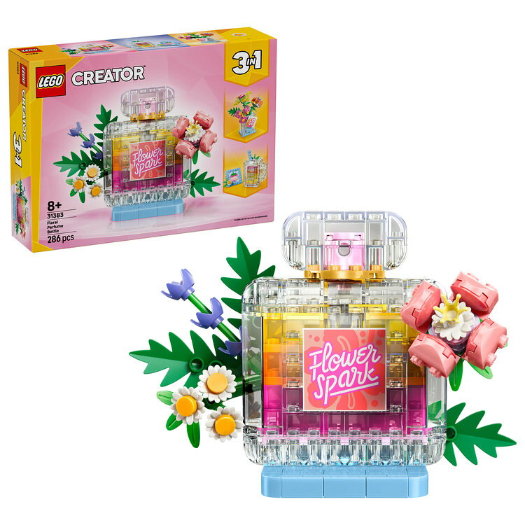 ・ キラキラの3in1セット - レゴ&reg;クリエイター パフュームボトル: Flower Spark（31383）は、同じブロックで3種類のかわいらしいモデルを組み立てられます
・ 遊び方は無限大 - パフュームボトルとスタンド、花瓶、スムージーを組み立てられます（3種類を同時に組み立てることはできません）
・ デコタイルでカスタマイズ - パフュームボトルと花瓶のラベル、スムージーのメニューなどにカスタマイズできるタイルも付属します
・ お部屋を彩るディスプレイ - 子ども部屋に飾るクリエイティブなホームデコ 
・ お子さま向けギフト - キラキラ、カワイイものが大好きなお子さまの創造力を広げるギフトにぴったりです 
・ もっと遊ぼう - 3in1 コレクションには、この他にも創造の冒険を楽しめるラインナップが揃っています（各セット別売り）
・ レゴ&reg;クリエイター 3in1 コレクション - 1セットで3種類のモデルの組み立てと組み替えを繰り返し楽しめ、のりものやどうぶつ、ドールハウスなど、お子さまの“好き”をカタチにできます
・ サイズ - パフュームボトル（約）高さ10cm × 長さ9cm × 幅15cm／ピース数：286
・ レゴデュプロ以外の製品には、小さな部品が入っています。間違って飲み込む危険がありますので、4才未満のお子さまには遊ばせないでください。【対象年齢】：8歳以上【商品サイズ (cm)】(幅×高さ×奥行）：19.1×6.1×26.2