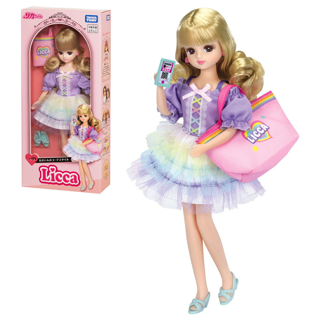 マイバッグを持っておでかけ♪おかいものあそびがもっと楽しくなるリカちゃんです。パステルカラーのトップスと、ふわふわなチュールスカートが一体になった、ドッキングワンピーススタイルです。布製のバッグとスマホも付属！バッグは別売りの「リカちゃん　ピピッ！とリカペイ　スーパーマーケット」のレジにセットでき、スマホではリカペイ決済も楽しめます♪一緒に遊べば、おかいものあそびがもっと楽しく広がります！【セット内容】人形(1),ドレス(1),イヤリング(1),下着(1),クツ(1),バッグ(1),スマートフォン(1)【対象年齢】：3才〜