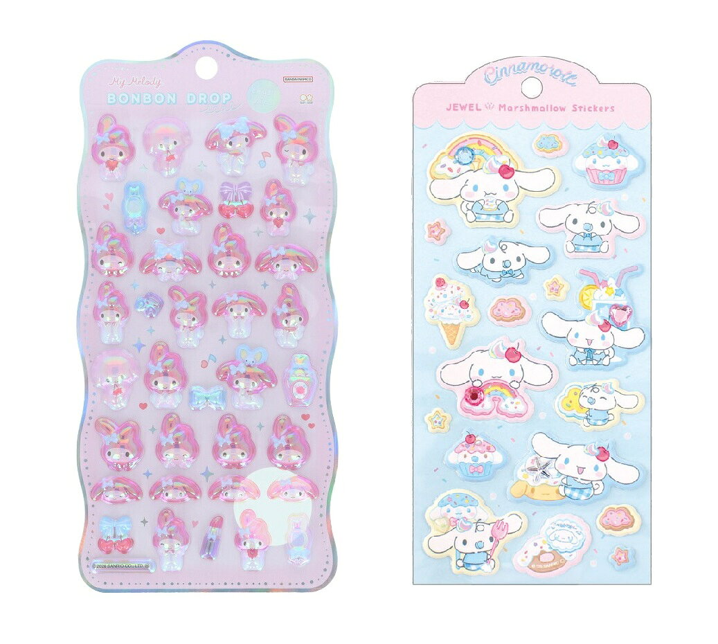 【セット商品】ボンボンドロップシール churukira マイメロディ + サンリオキャラクターズジュエルマシュマロステッカーズ　ファンシースナック／シナモロール