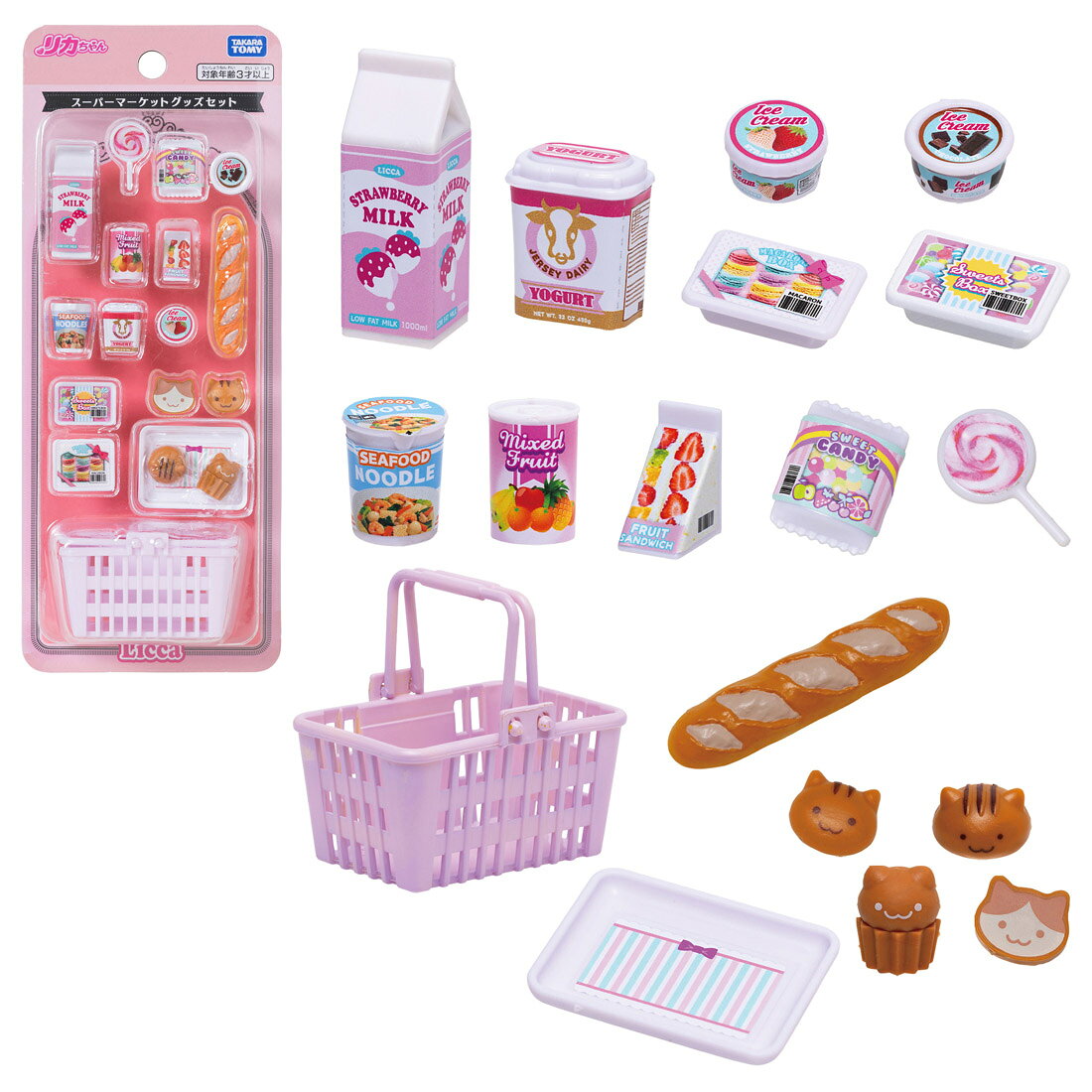 リカちゃんのおかいものあそびがもっと楽しくなるスーパーマーケットグッズセット♪キャンディやマカロン、パンやジュースなど、キュートなおかいものアイテムがいっぱい！かごやトレイ、おかいもの小物など、全部で18個入り♪別売りの「リカちゃん　ピピッ！とリカペイ　スーパーマーケット」と一緒に遊べば、おかいものあそびがもっと楽しめます！【セット内容】かご(1),トレイ(1),ねこちゃんパン(4),フランスパン(1),こもの(11)【対象年齢】：3才〜