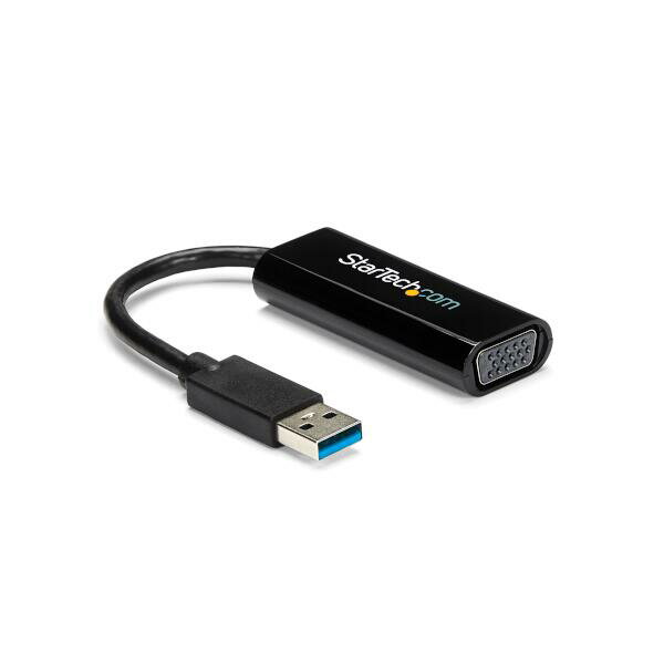 USB 3.0ポートをVGA出力ポートに変換するUSB 3.0 - VGAスリムアダプタ。1920x1200／1080p のビデオ出力に対応しています。ビデオケーブルと馴染みの良いスリムデザインで機器回りをすっきりと保ちます。Ultrabookなど薄型ノートパソコンとデスクトップの両方で場所を取らないマルチモニタソリューションを提供します。

本USB - VGAアダプタは、外付けグラフィックカードとして機能し、マルチモニタ機能をUSB 3.0対応のデスクトップ／ノートPCに追加します（USB 3.0で最適なパフォーマンスを実現しますが、USB 2.0とも下位互換性があります）。

小型軽量で場所を取らず、ノートPCバッグに軽く納まる携帯に便利なアダプタです。

高帯域幅 （5 Gbps） SuperSpeed USB 3.0インターフェースにより、VGAディスプレイ／プロジェクターにHDコンテンツをスムーズに表示します。デスクトップのメイン画面を外付けモニタにミラーリングしたり、同じ画面を複数のディスプレイに表示したり、デスクトップを拡張して作業スペースを倍増し作業効率をアップさせることができます。

StarTech.comでは2年間保証と無期限無料技術サポートを提供しています。 

推奨動作環境：
CPU：Quad Core 2.4GHz以降（i5推奨）
RAM：4 GB以上
USB 3.0ポート（USB 2.0とも下位互換性があります）