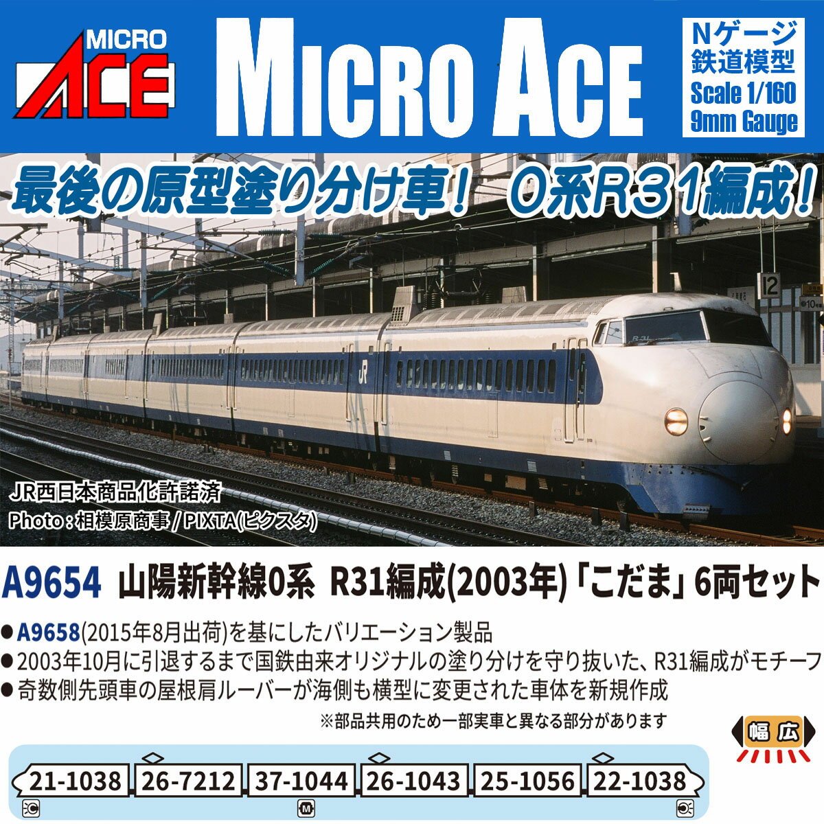 1964年に東海道新幹線の開業に伴って製造されたのが0系です。1976年に登場したグループまでは側面窓の大きな「大
窓車」と呼ばれるグループで、以降の増備は1000番代・2000番代の「小窓車」に移行し、1986年までに総合計3216両が
製造されました。食堂車、ビュッフェ車、2両のグリーン車を組み込んだ「ひかり」用16両編成は最盛期には合計99編成が存
在しましたが、1985年以降は後継の100系や300系の増備に伴って「こだま」用編成への組換えや廃車が進行し、1999年には16両編成が消滅しました。
国鉄末期には小倉〜博多間を短編成化した「こだま」で高頻度運転する試みが行われて好評を博しました。
これに伴い国鉄分割民営化後に6両の「R編成」が多数組成され、山陽新幹線の「こだま」「ウエストひかり」で活躍しました。
「ウエストひかり」用編成を中心にシートピッチ拡大、2+2列化などさまざまなアコモデーションの改善が行われ、施工済の編成は車体帯下部に細い帯を追加した塗装に変更されて識別されました。
1995年以降は検査体制の合理化を目的として車体地色がアイボリーから100系以降と同様の白色に変更されてイメージが若干変化したほか、騒音対策としてパンタグラフ脇への遮音板の設置、下り方先頭車21形の海側屋根肩のルーバーが縦型から横型へ変更されるなどの改良が加えられ、後輩に混ざって活躍を続けました。
アコモデーション未改良車を中心に引退が進み、2003年10月には最後の原型塗分け車となった「R31編成」が引退し、2008年のリバイバル塗装まで国鉄由来の塗り分けをまとった0系の系譜は途絶えることになりました。

活躍地域
・関西、中国、九州

会社
・JR

製品特徴
●マイクロエース新幹線シリーズのさらなる充実
●根強い人気の0系が原型塗り分け最晩年の姿で登場！
●A9660(2020年7月出荷)を基にしたバリエーション製品
●2003年10月に引退するまで、国鉄由来の塗り分けを守りとおした「R31編成」がモチーフ
●車体塗装地色がアイボリーから白色に変化した後、光前頭が車体と同色に塗装された姿
●パンタグラフ脇に遮音板が設置された後の姿
●26形2200番代の車体を新規作成
●26形1000番代は海側に業務用室の窓が開口された後の姿

製品内容・編成図
21-1038
26-7212
37-1044(M)
26-1043
25-1056
22-1038

付属品
・行先シール



・ホビー系商品についての諸注意
メーカー都合により発売の大幅な延期が発生する可能性がございます。
予約商品についてはメーカーから順次入荷次第の発送となります。メーカー公表の発売日とは異なる場合がございますのでご了承ください。【対象年齢】：14歳以上